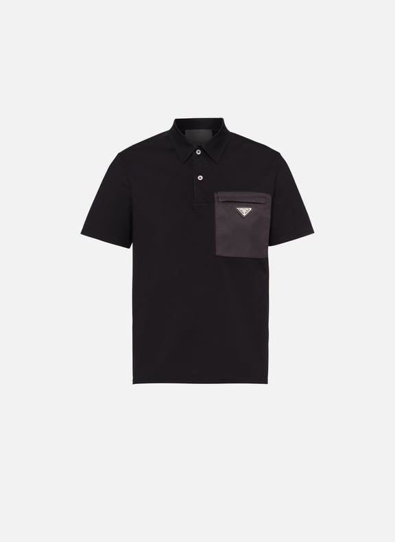 Polo en coton stretch avec détails en re-nylon Noir by PRADA PRADA Polo en coton stretch avec détails en re-nylon Noir