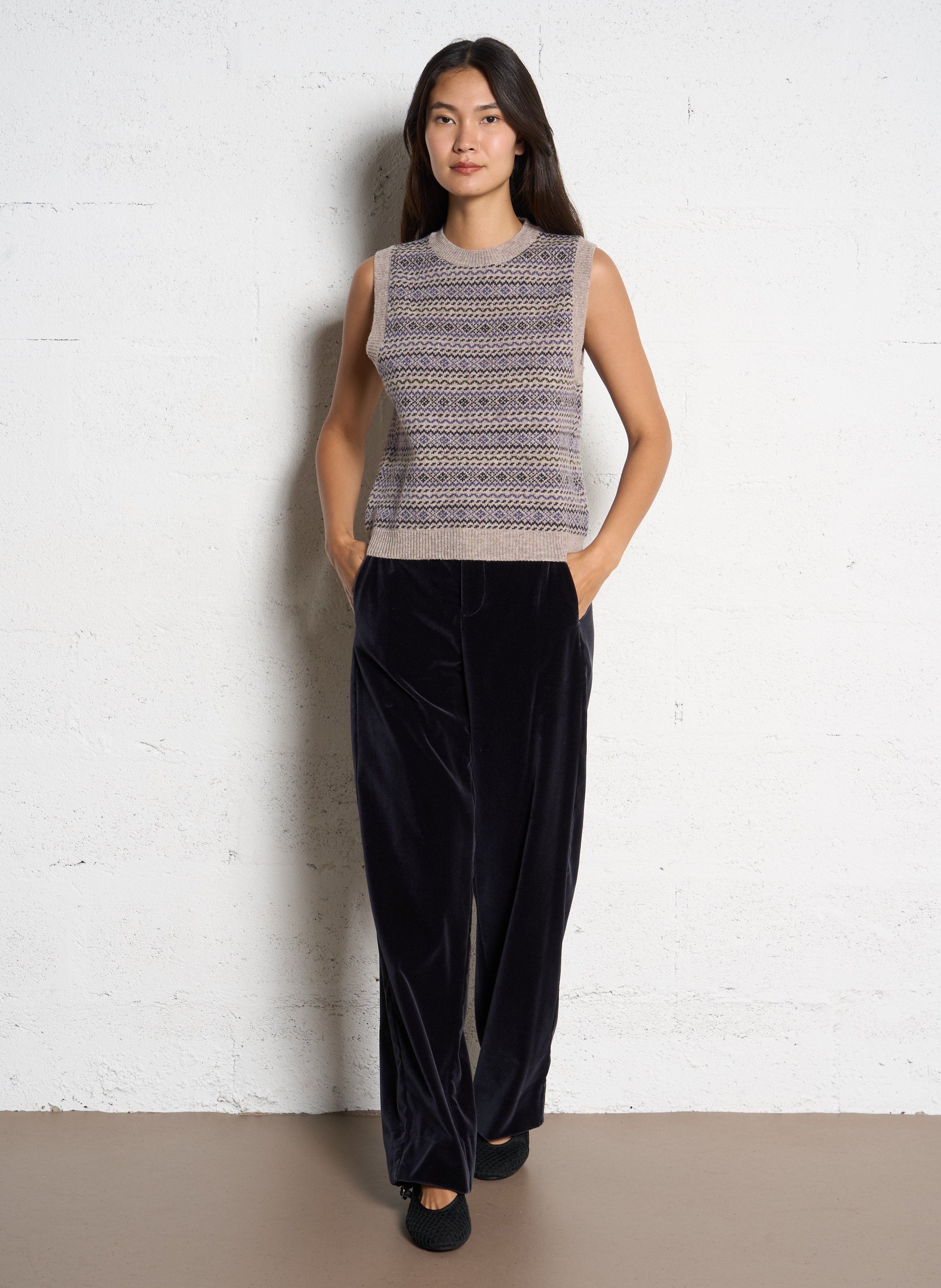 Pull sans manches col rond jacquard en laine mérinos fiesta SOEUR Multicolore