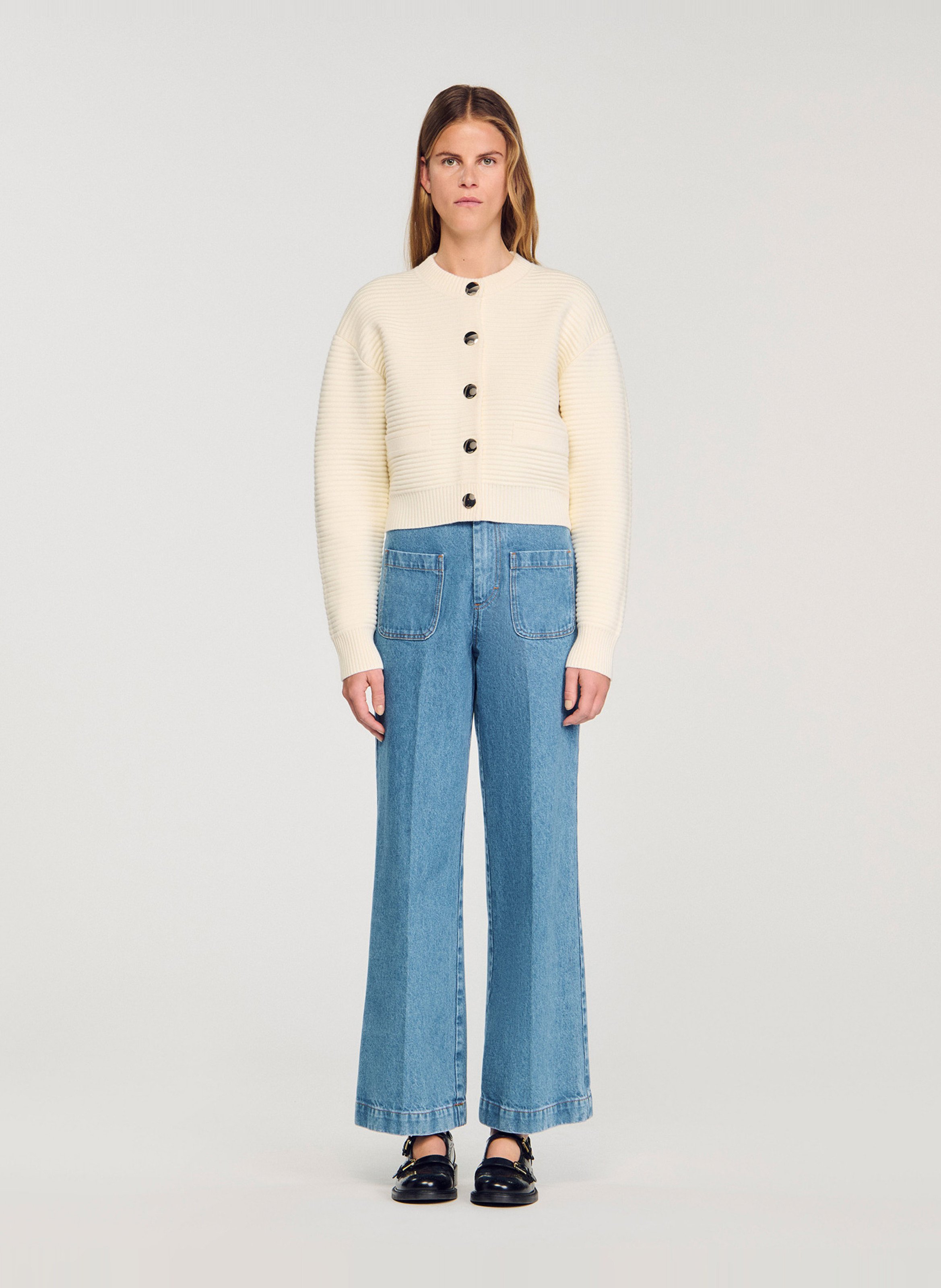 Cardigan boutonné court côtelé SANDRO Beige