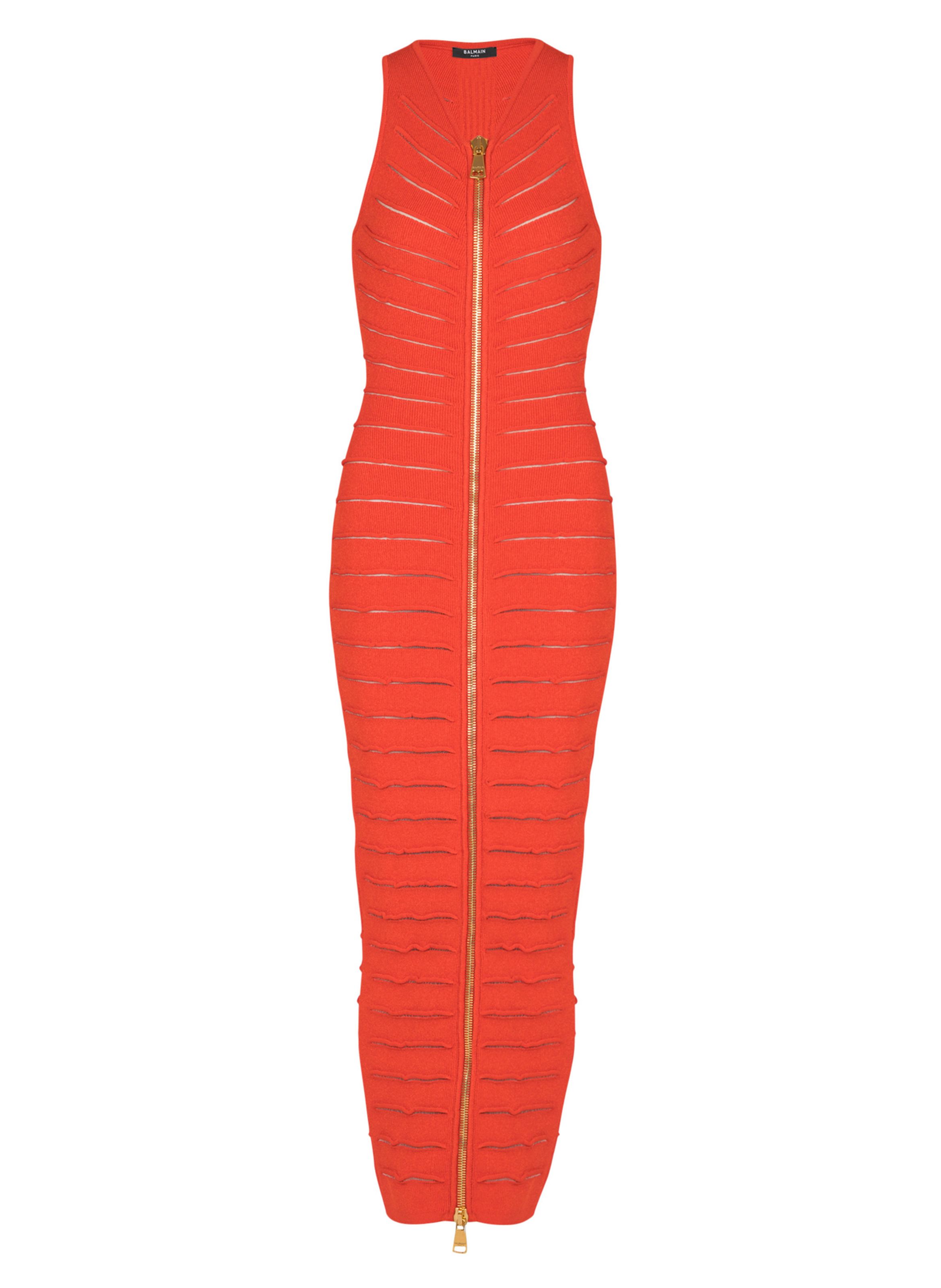 Robe longue sans manches en maille croco BALMAIN Rouge