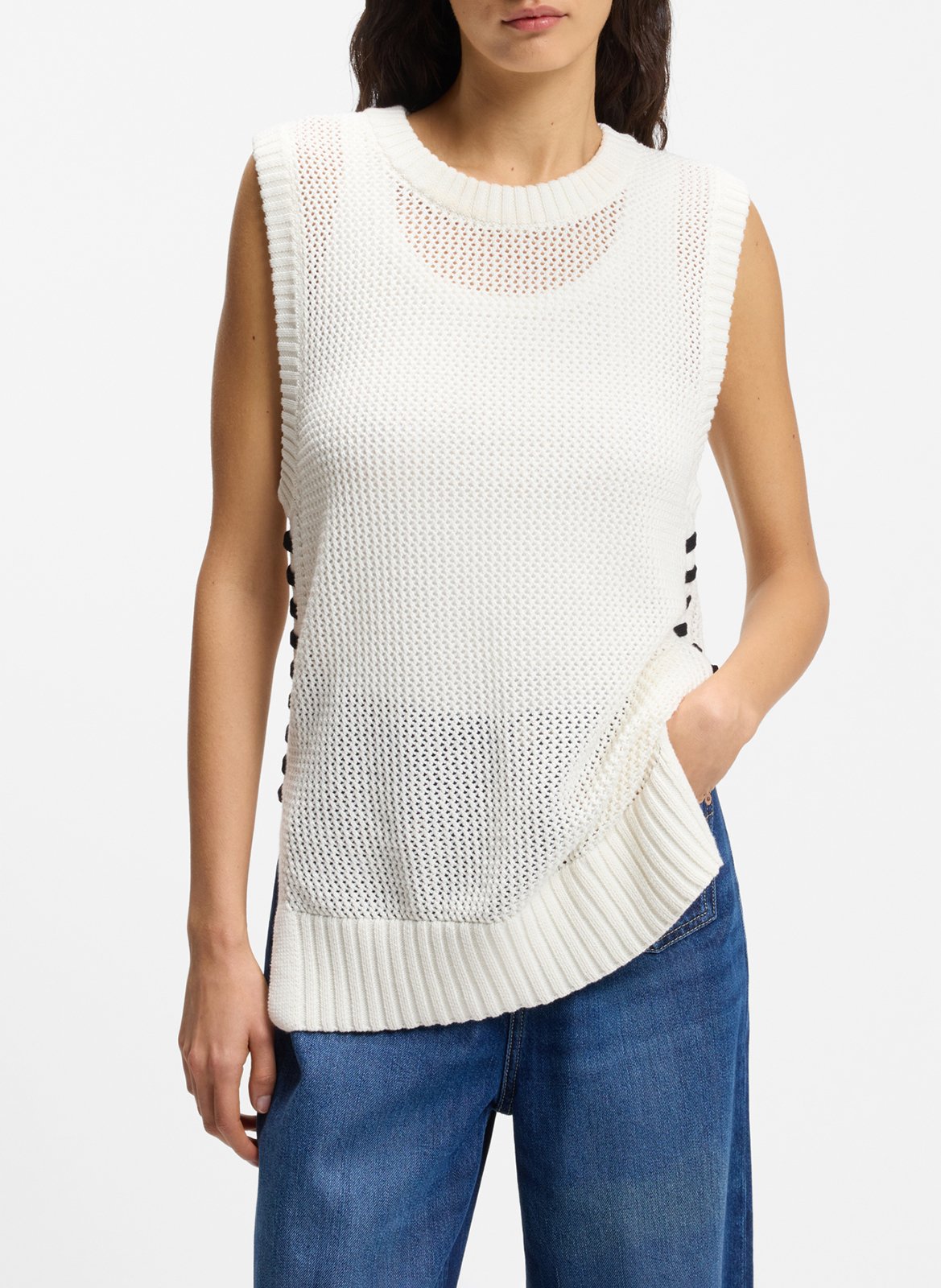 Top col rond en coton BOSS Beige