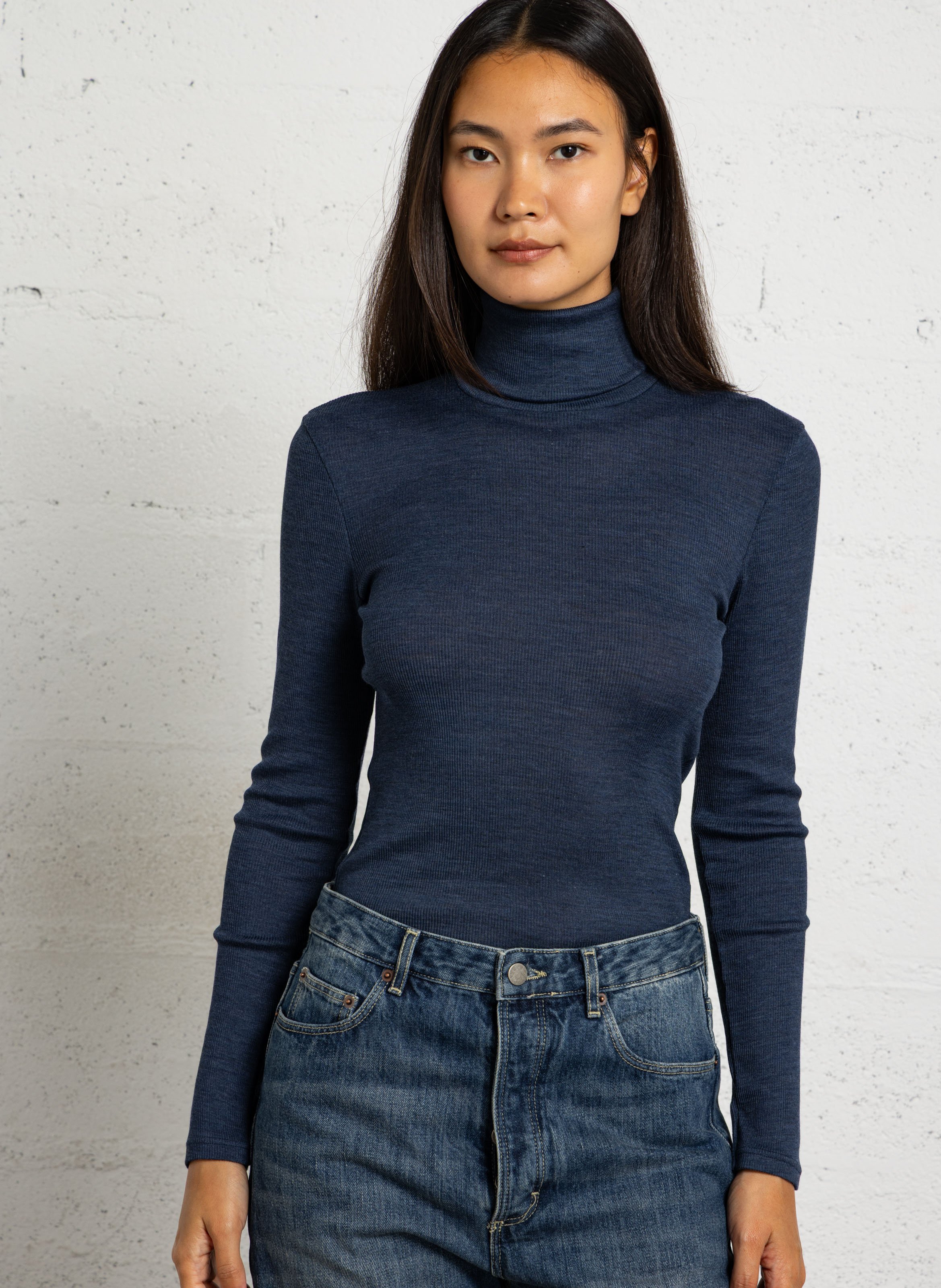 Pull moulant col roulé en laine et soie ARMOR-LUX Bleu