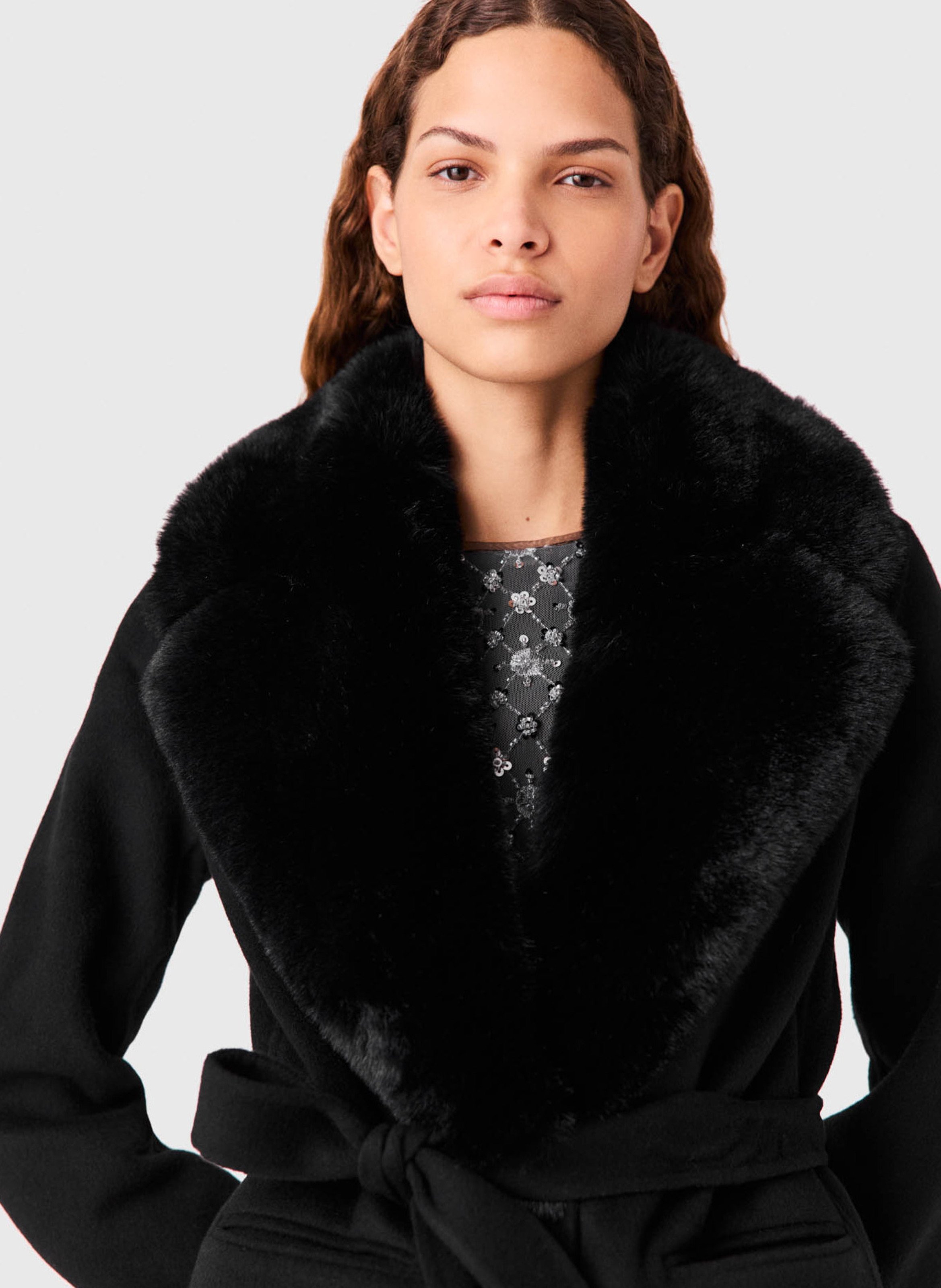 Manteau ceinturé en laine mélangée MAJE Noir