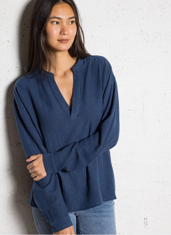 Top col tunisien en gaze de coton lou Bleu by MAISON 123 MAISON 123 Top col tunisien en gaze de coton lou Bleu