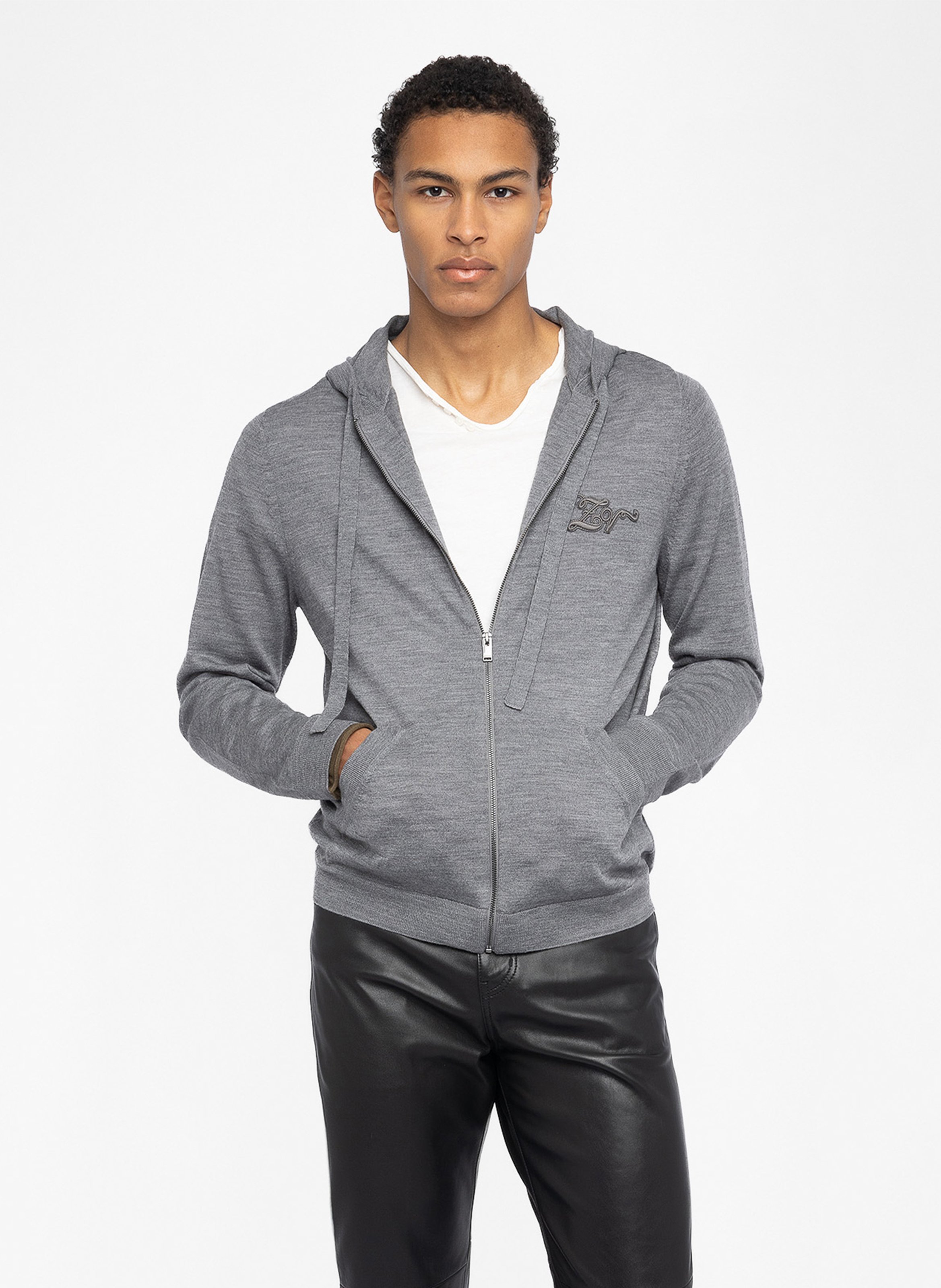 Gilet droit à capuche en laine clash ZADIG&VOLTAIRE Gris