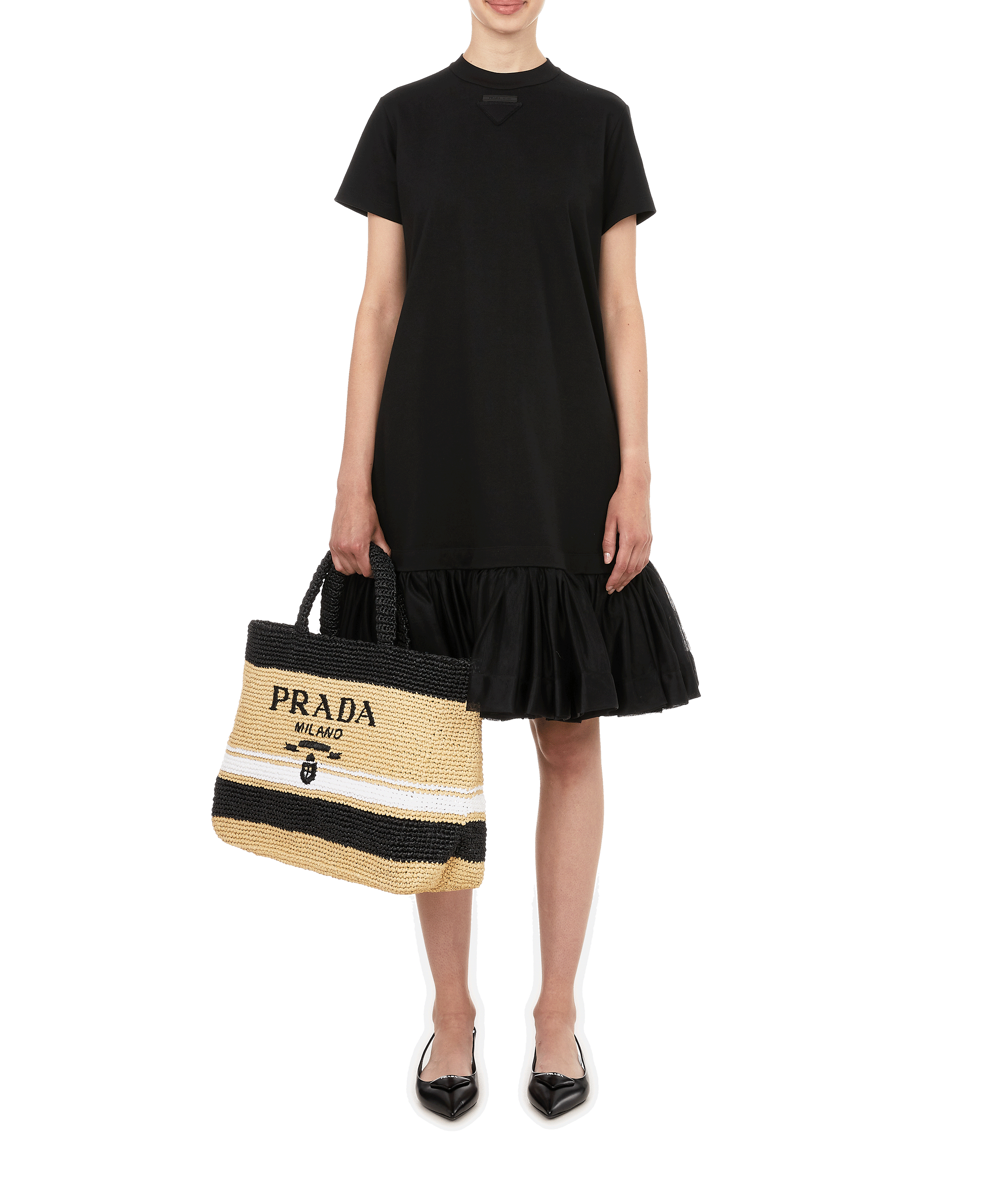 Cotton T-shirt dress with ruffles PRADA Black