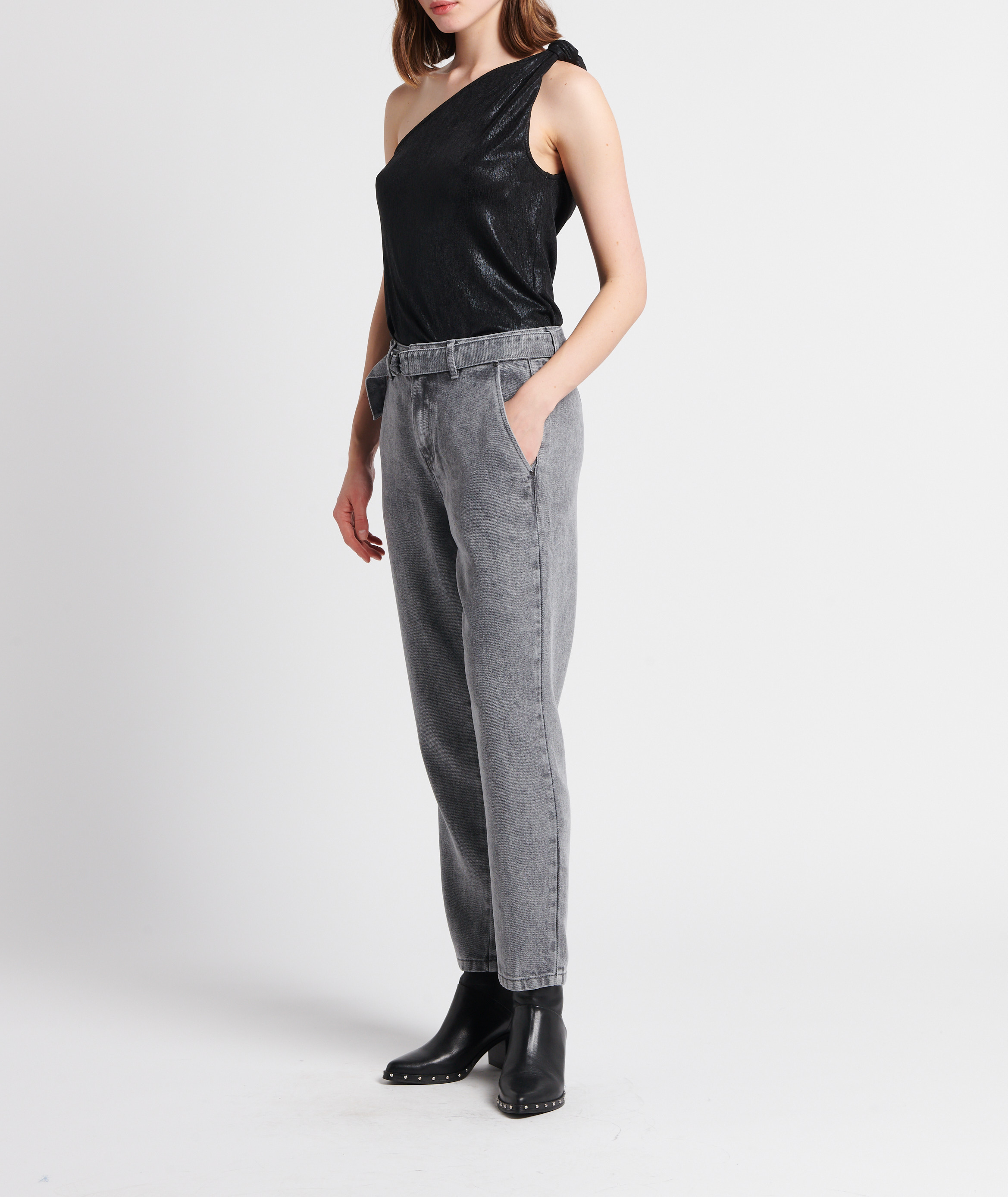 Jean baggy cropped taille haute délavé andrea IKKS Gris