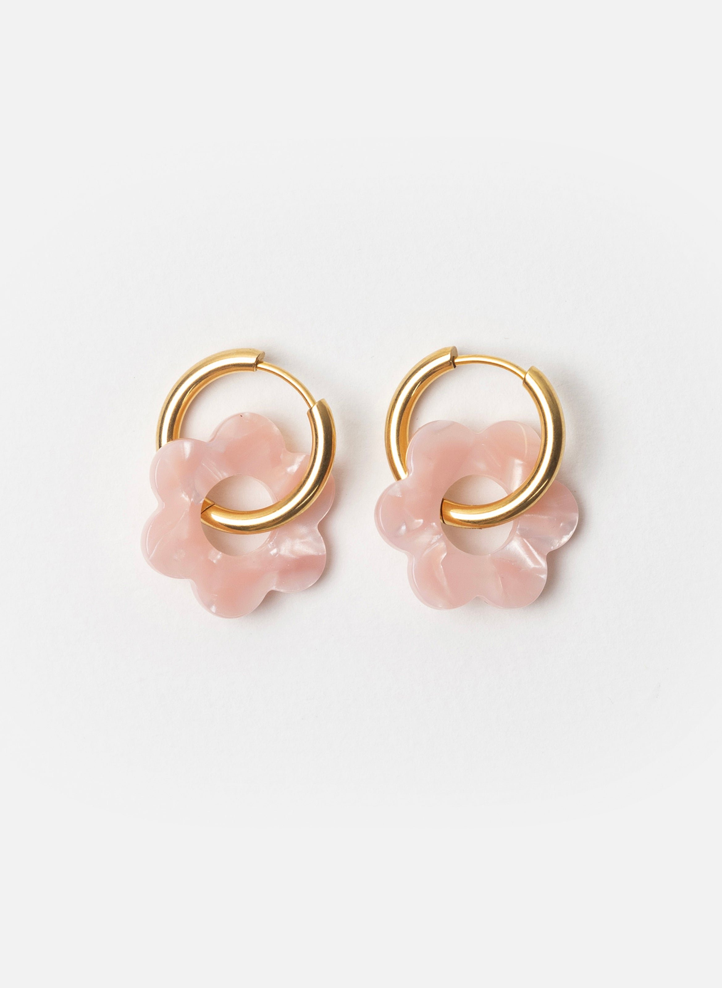Boucles d'oreilles maxi fleurette avec anneaux en acier inoxydable doré  Rose