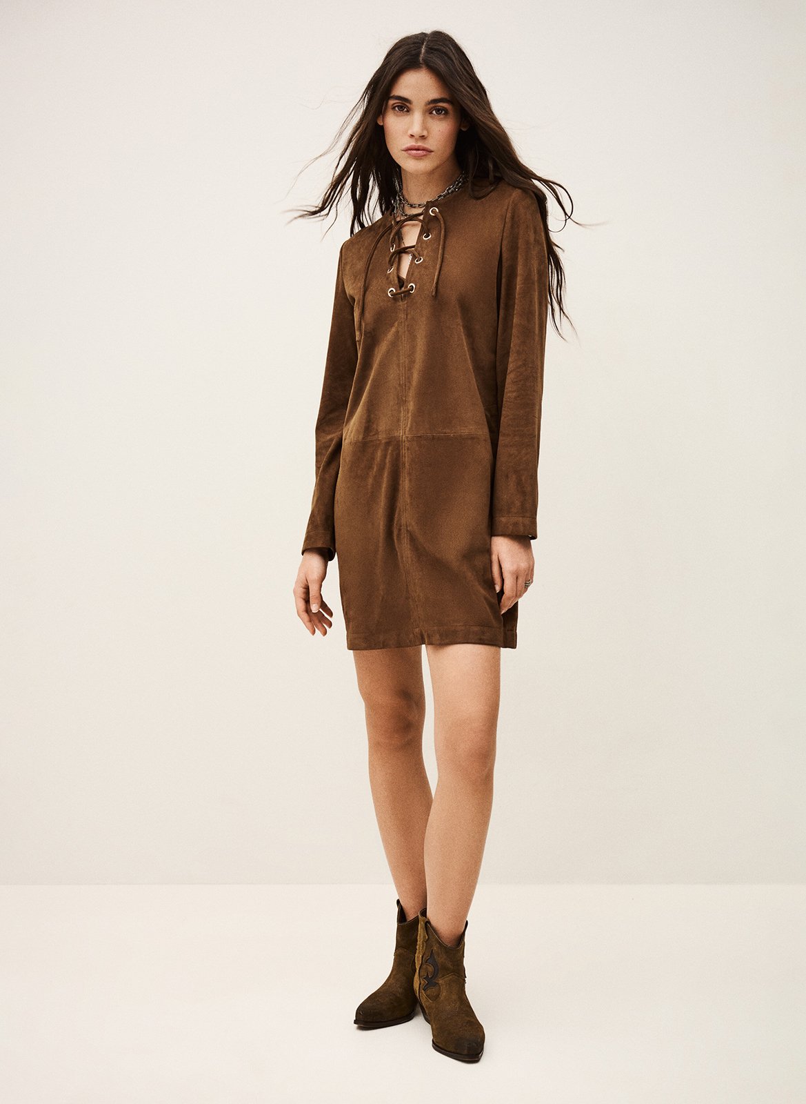 Robe courte col tunisien en cuir velours seda BA&SH Marron