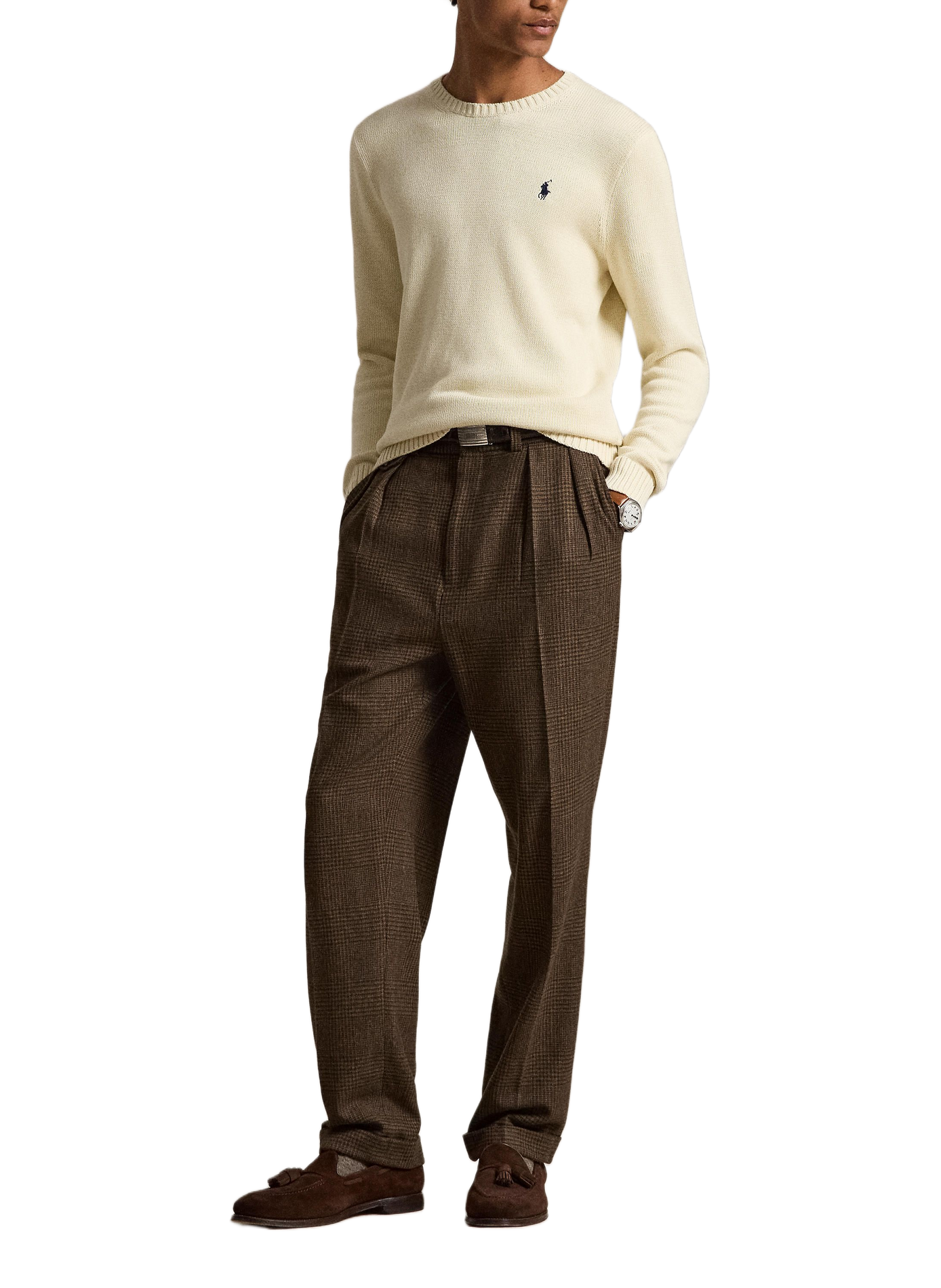 Pull côtelé à col rond en coton POLO RALPH LAUREN Beige