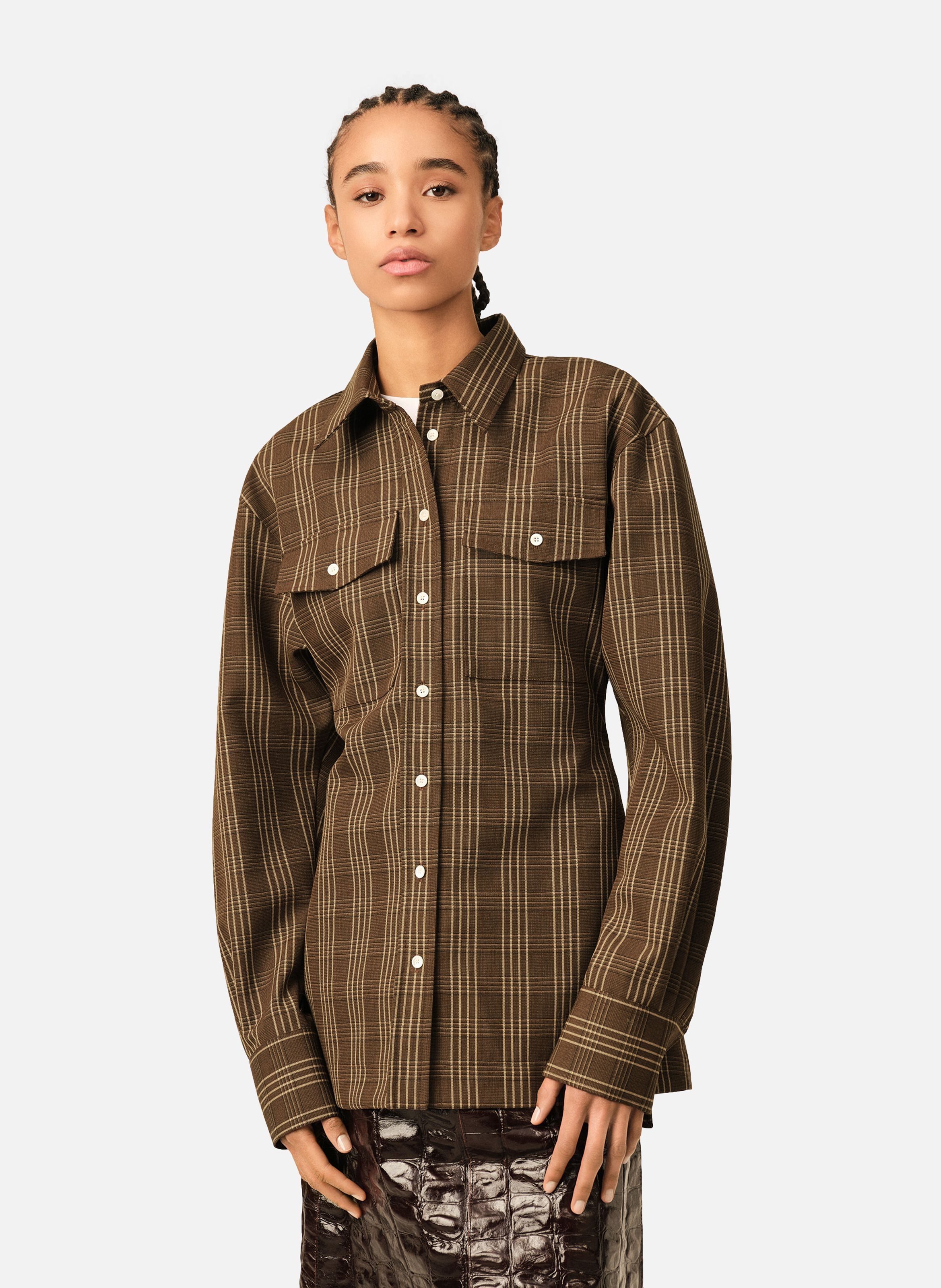 Chemise à carreaux cintrée en laine AMI PARIS Marron
