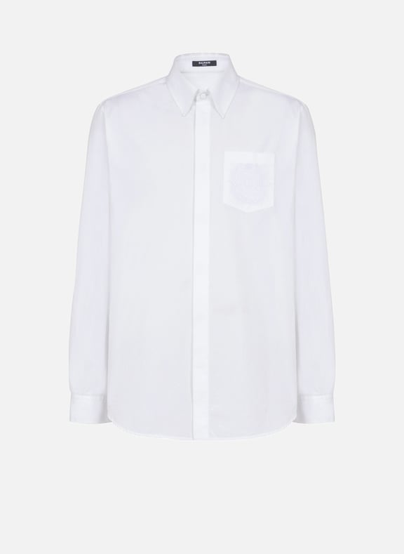 Chemise en popeline brodée balmain écusson Blanc by BALMAIN BALMAIN Chemise en popeline brodée balmain écusson Blanc