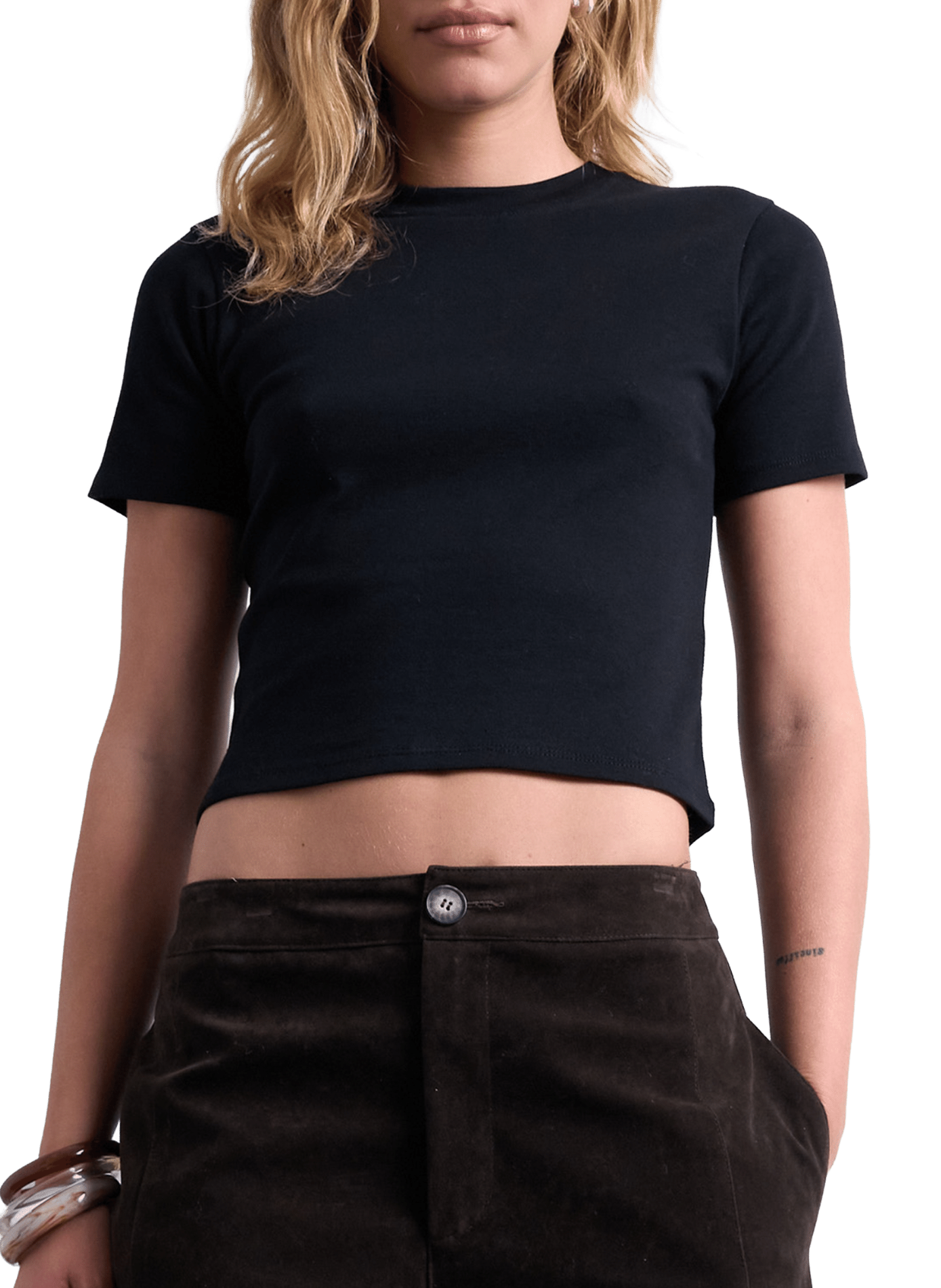 TOPSHOP T-shirt uni à col rond Noir