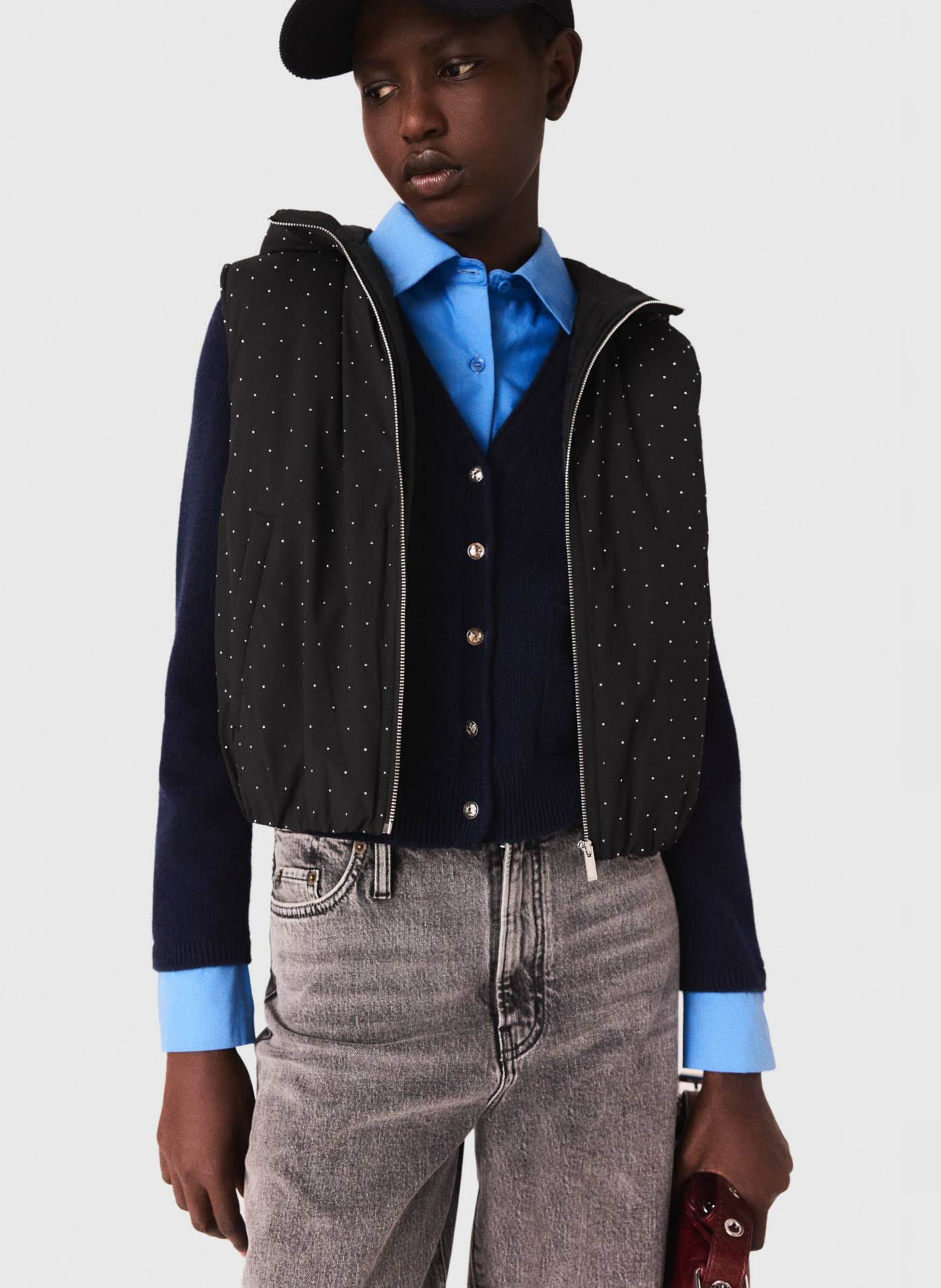 Doudoune droite col rond à strass MAJE Noir