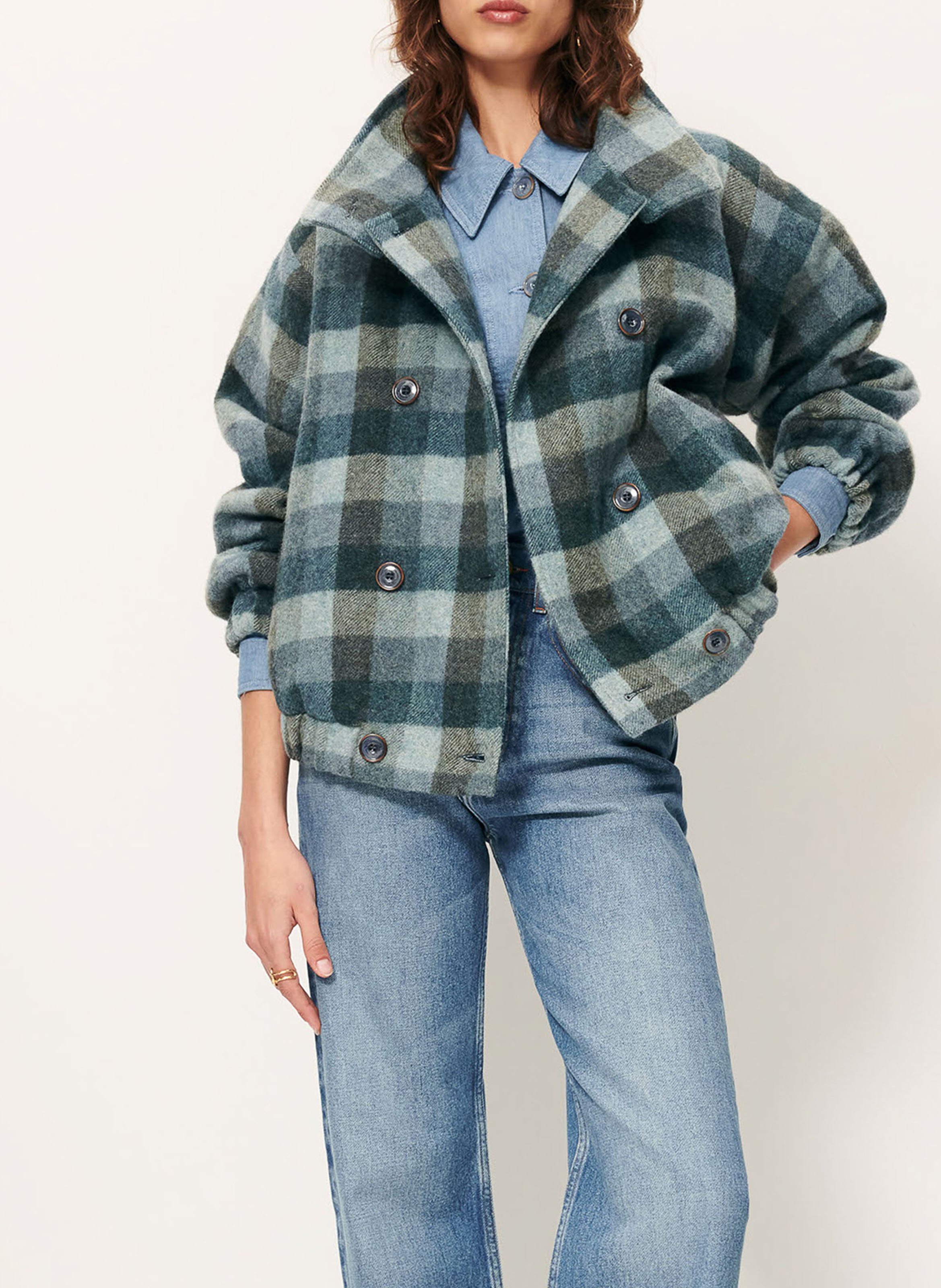 Manteau droit col montant en laine mélangée à carreaux harlow SESSUN Bleu