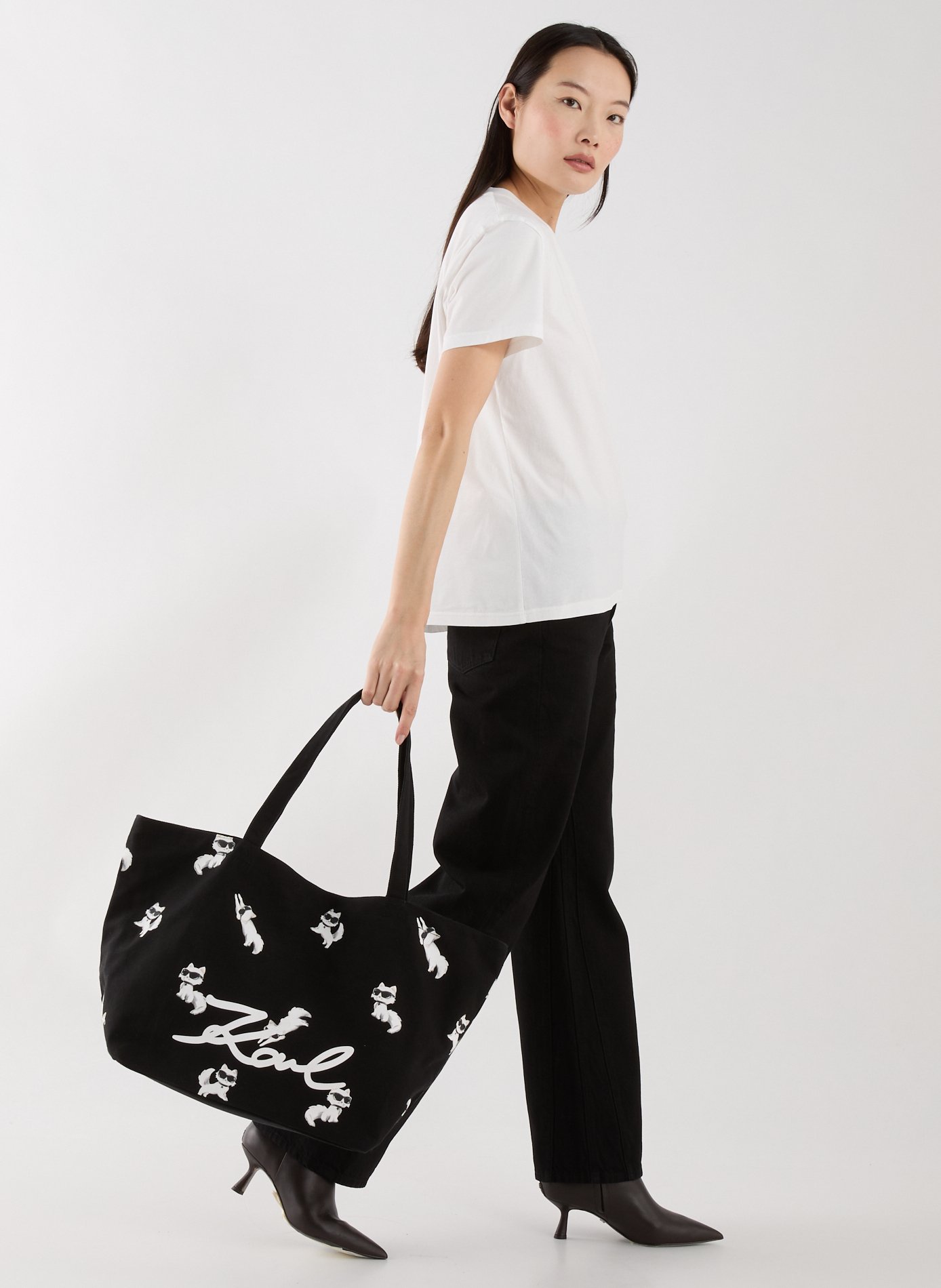 Tote bag imprimé chat en coton KARL LAGERFELD Noir