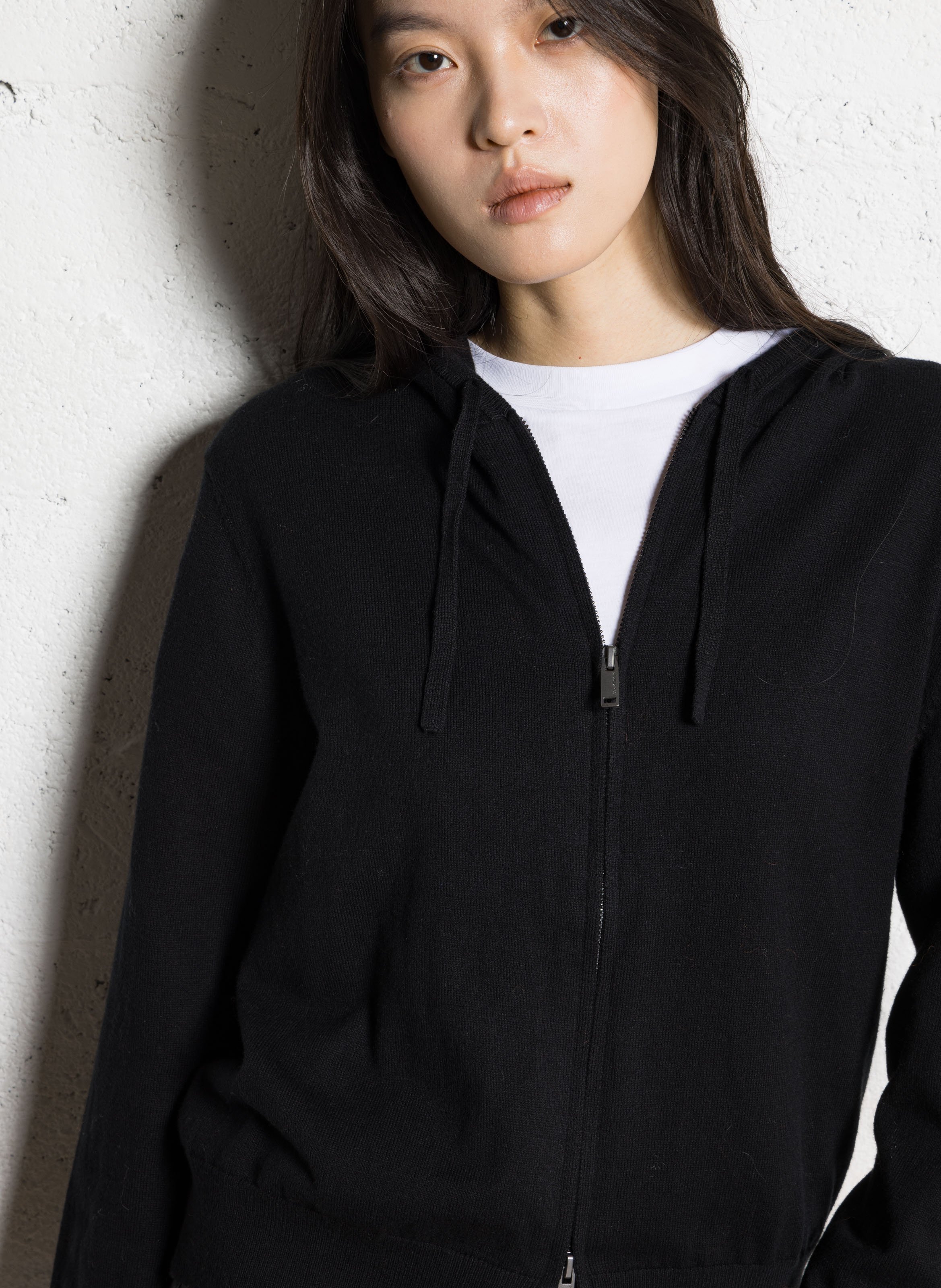 Gilet droit à capuche en coton et cachemire IKKS Noir