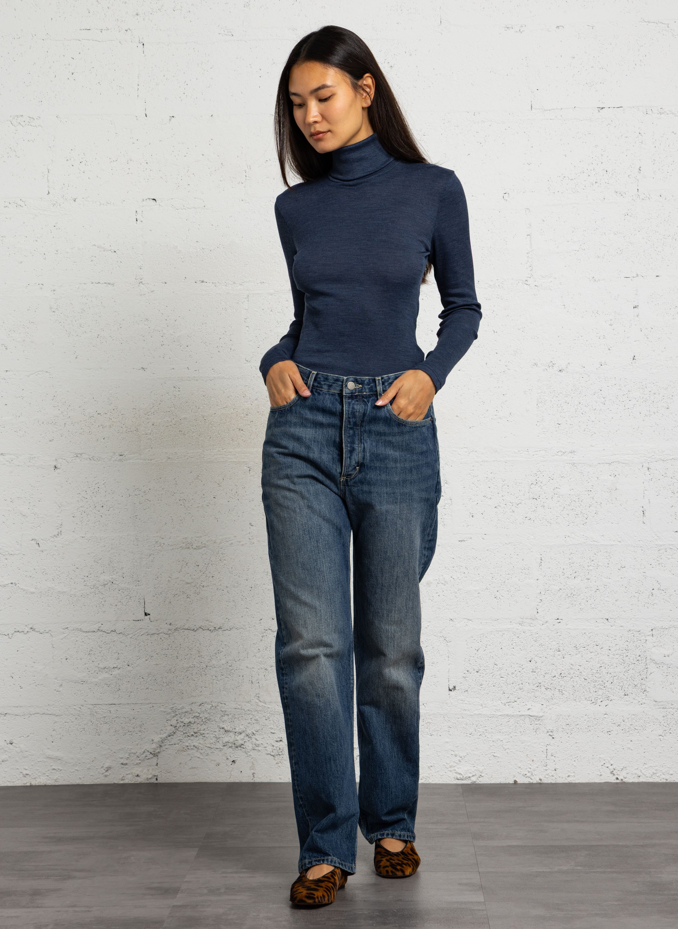 Pull moulant col roulé en laine et soie ARMOR-LUX Bleu