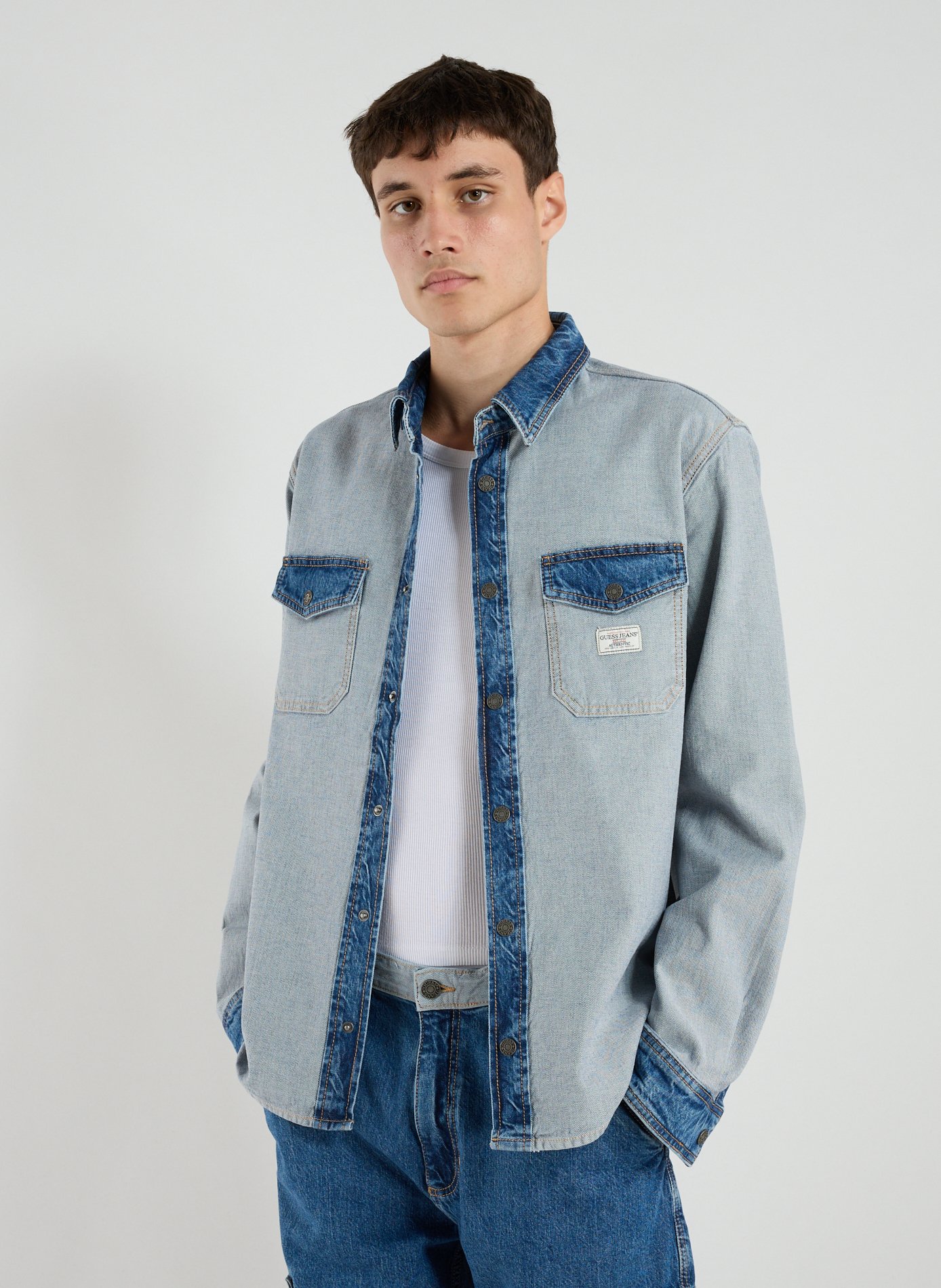 GUESS Chemise en jean en coton mélangé Bleu