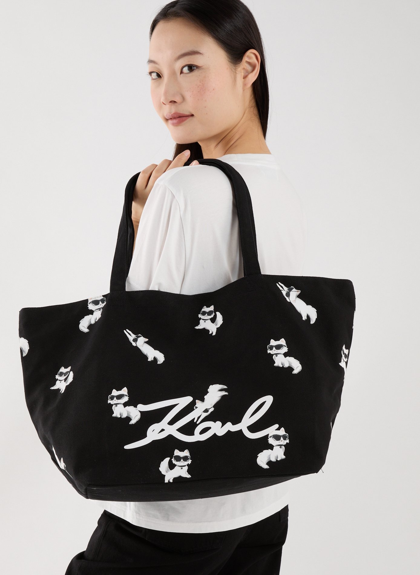 Tote bag imprimé chat en coton KARL LAGERFELD Noir