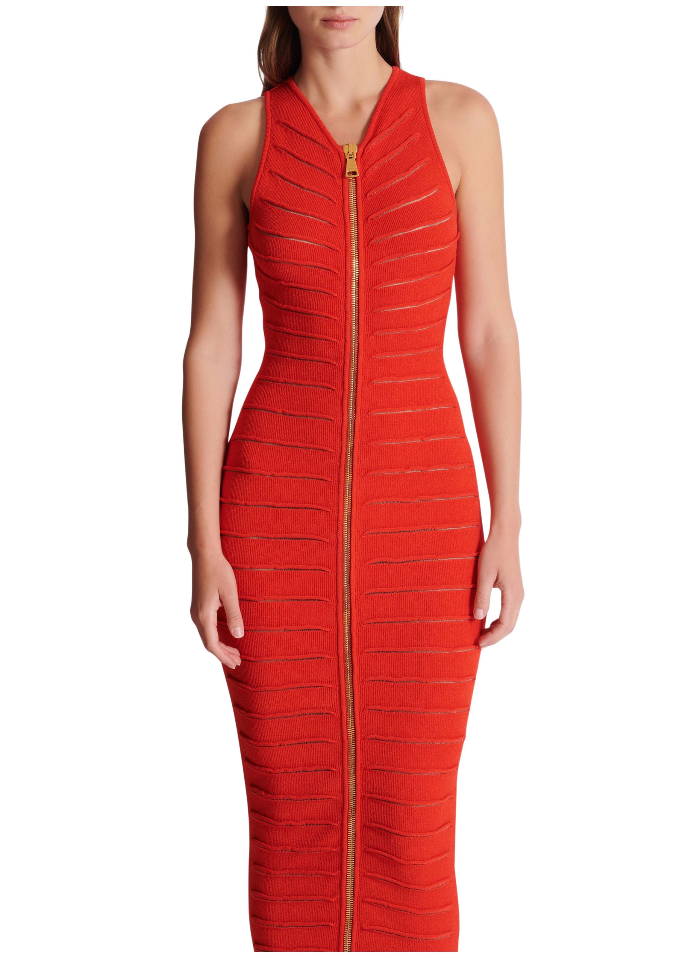 Robe longue sans manches en maille croco BALMAIN Rouge