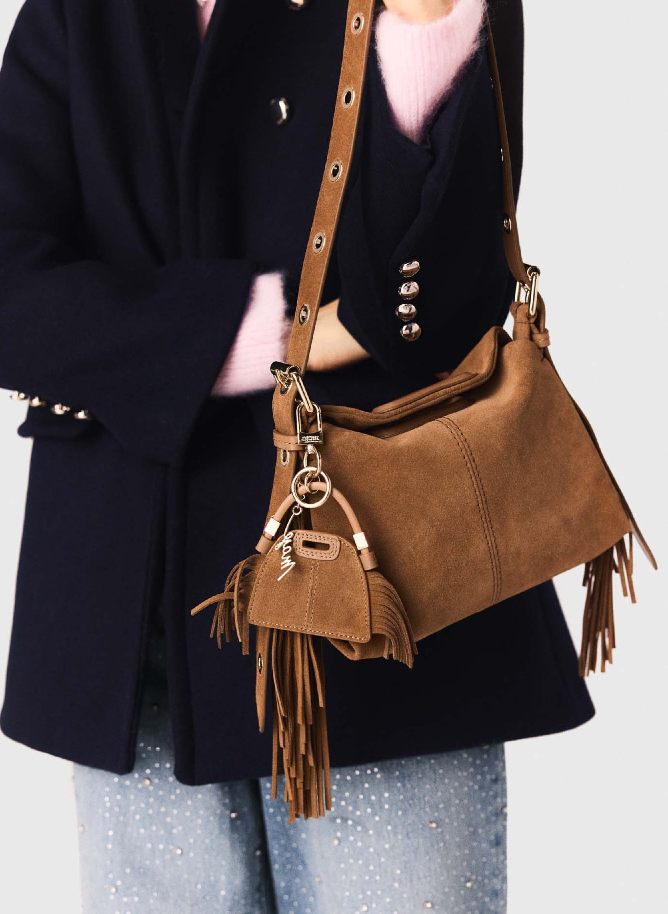 Charm de sac à franges et miroir MAJE Beige