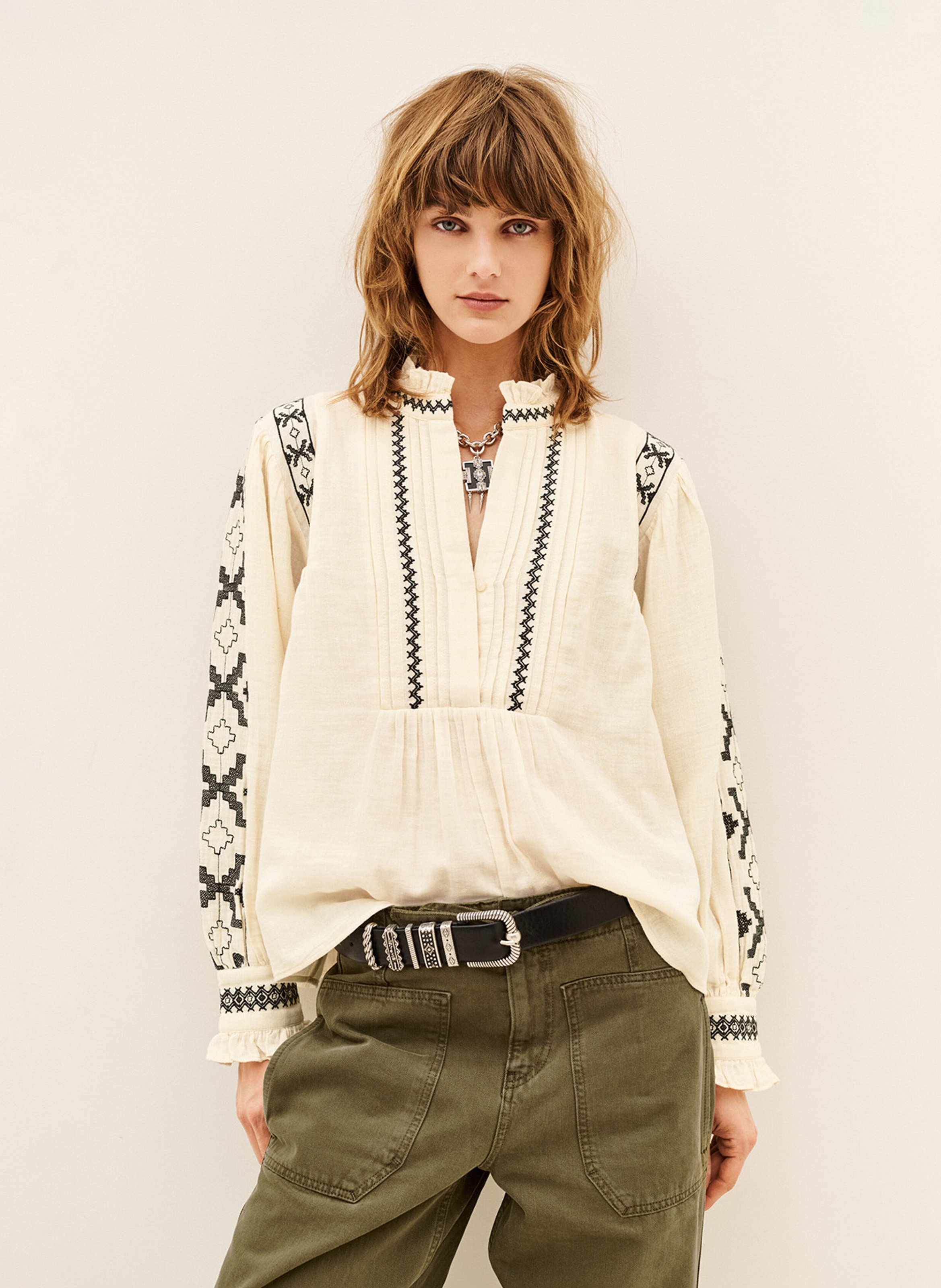 Blouse ample brodée en coton pidma BA&SH Beige