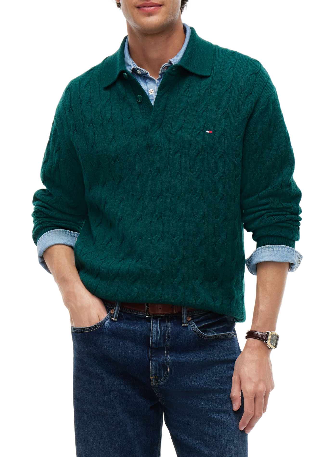Straight-fit cable-knit wool polo-neck sweater TOMMY HILFIGER Green