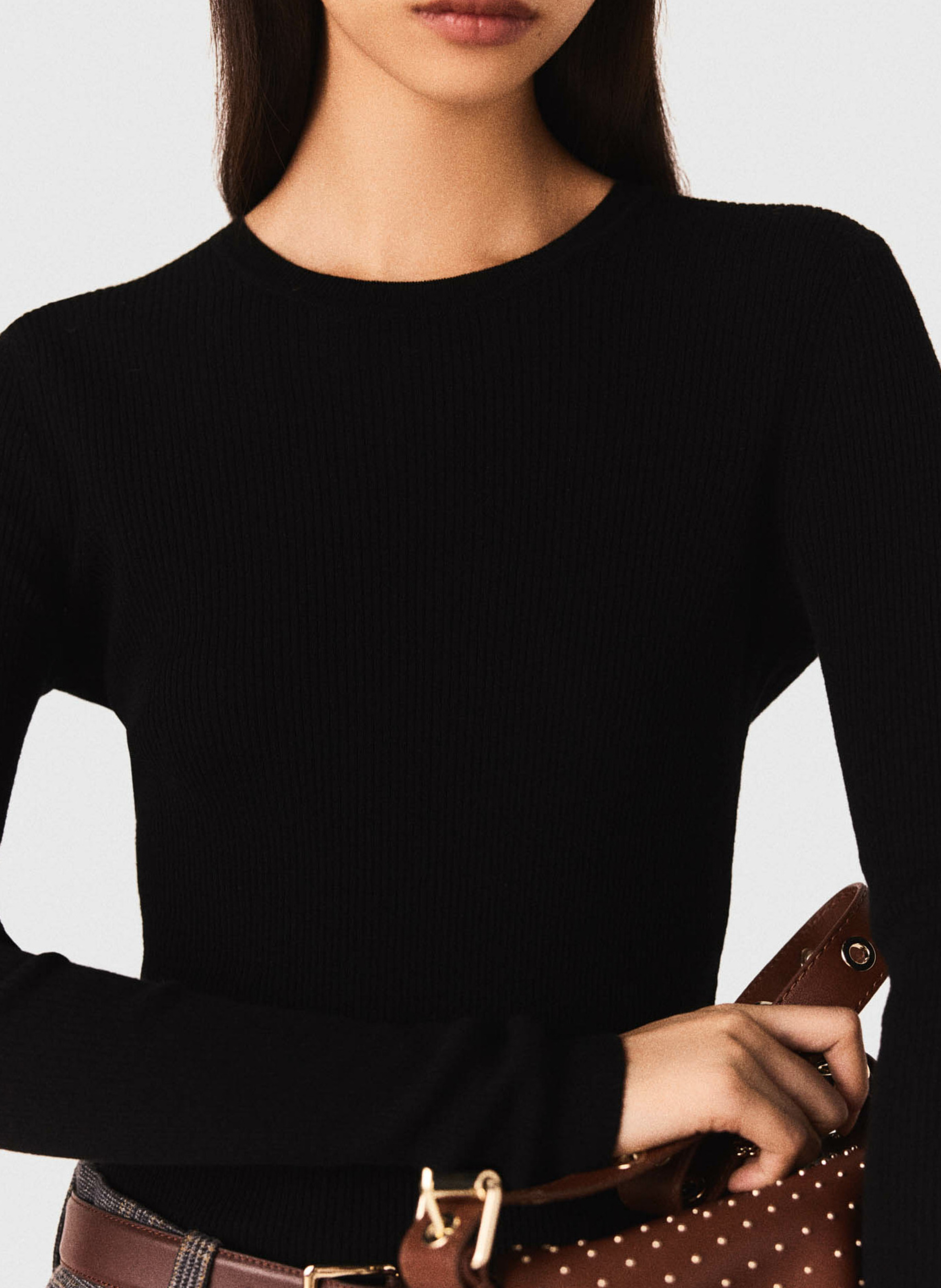 Pull col rond en laine mélangée Noir