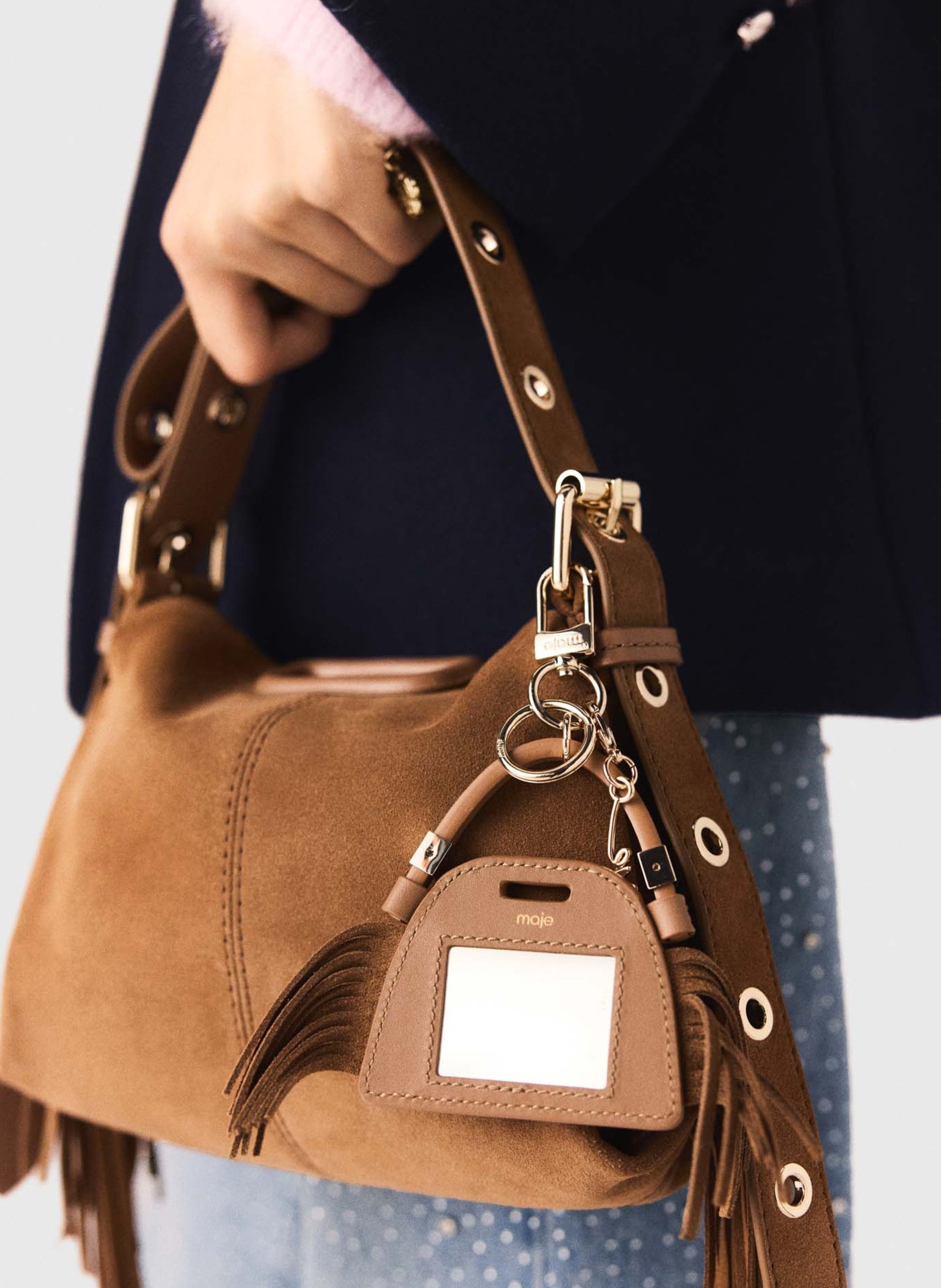Charm de sac à franges et miroir MAJE Beige