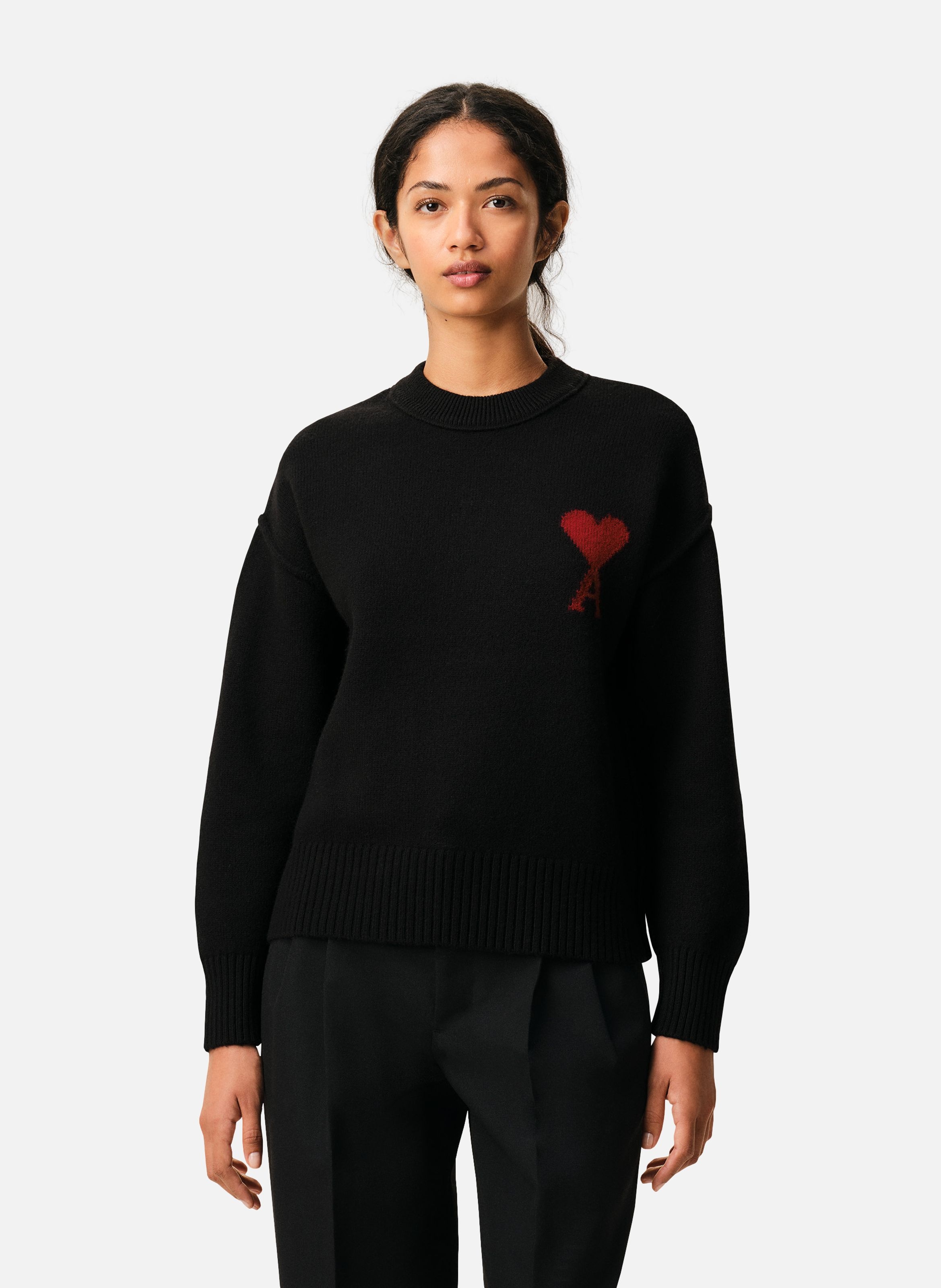 Pull Col Rond Ami De Coeur En Laine unisexe AMI PARIS Noir