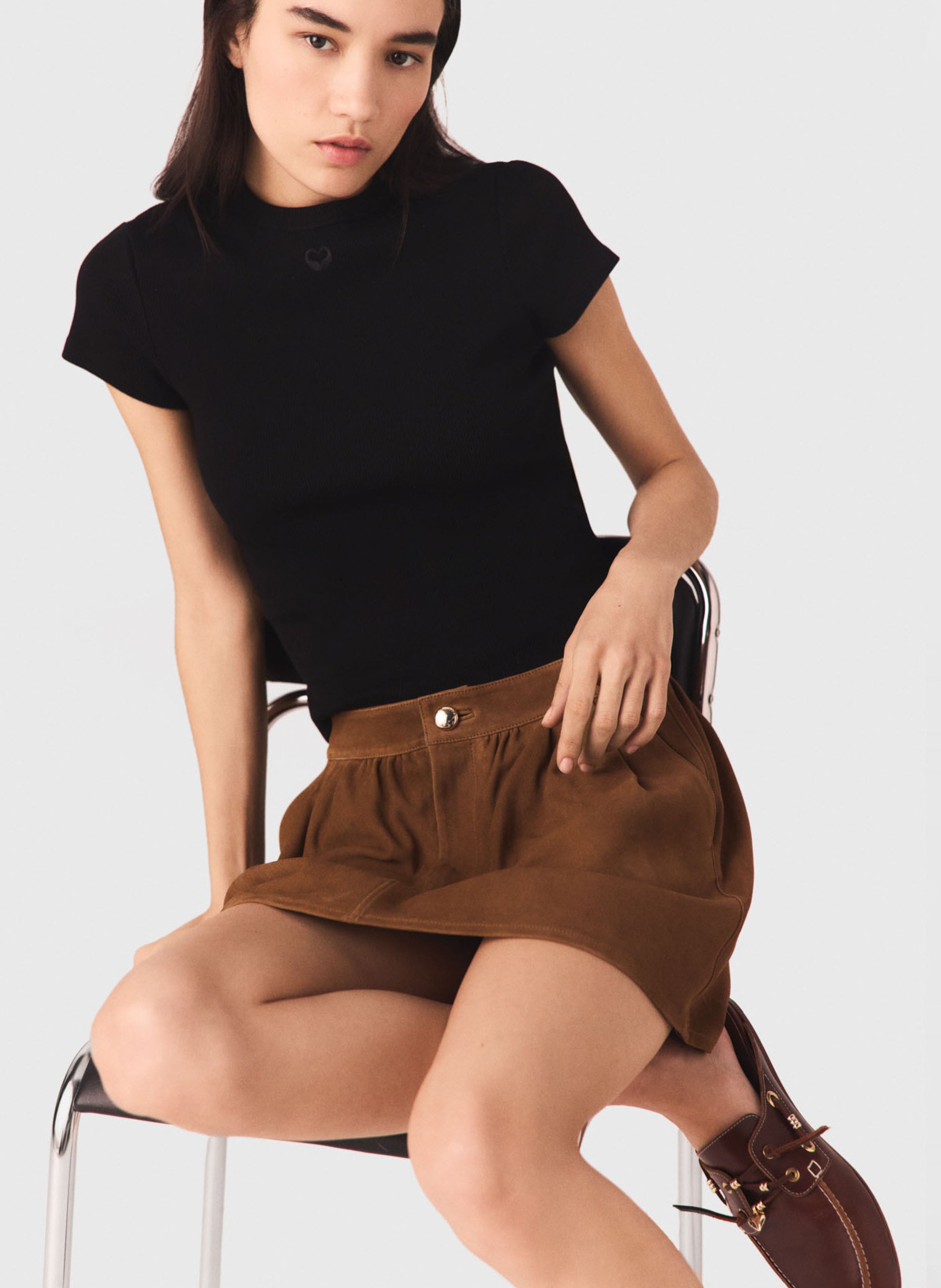 T-shirt ajusté col rond en coton mélangé MAJE Noir