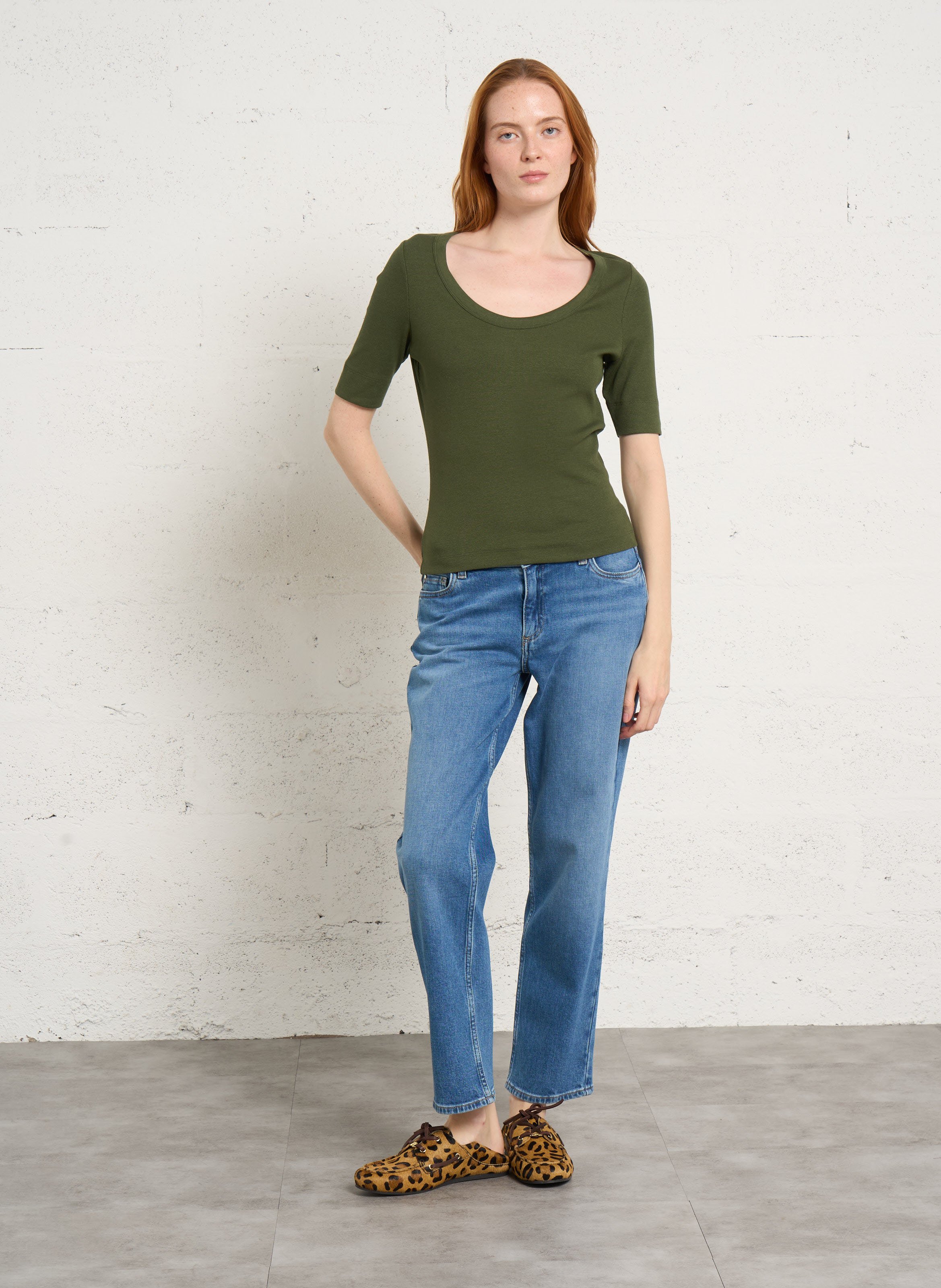Tee-shirt col rond en coton mélangé lana Kaki