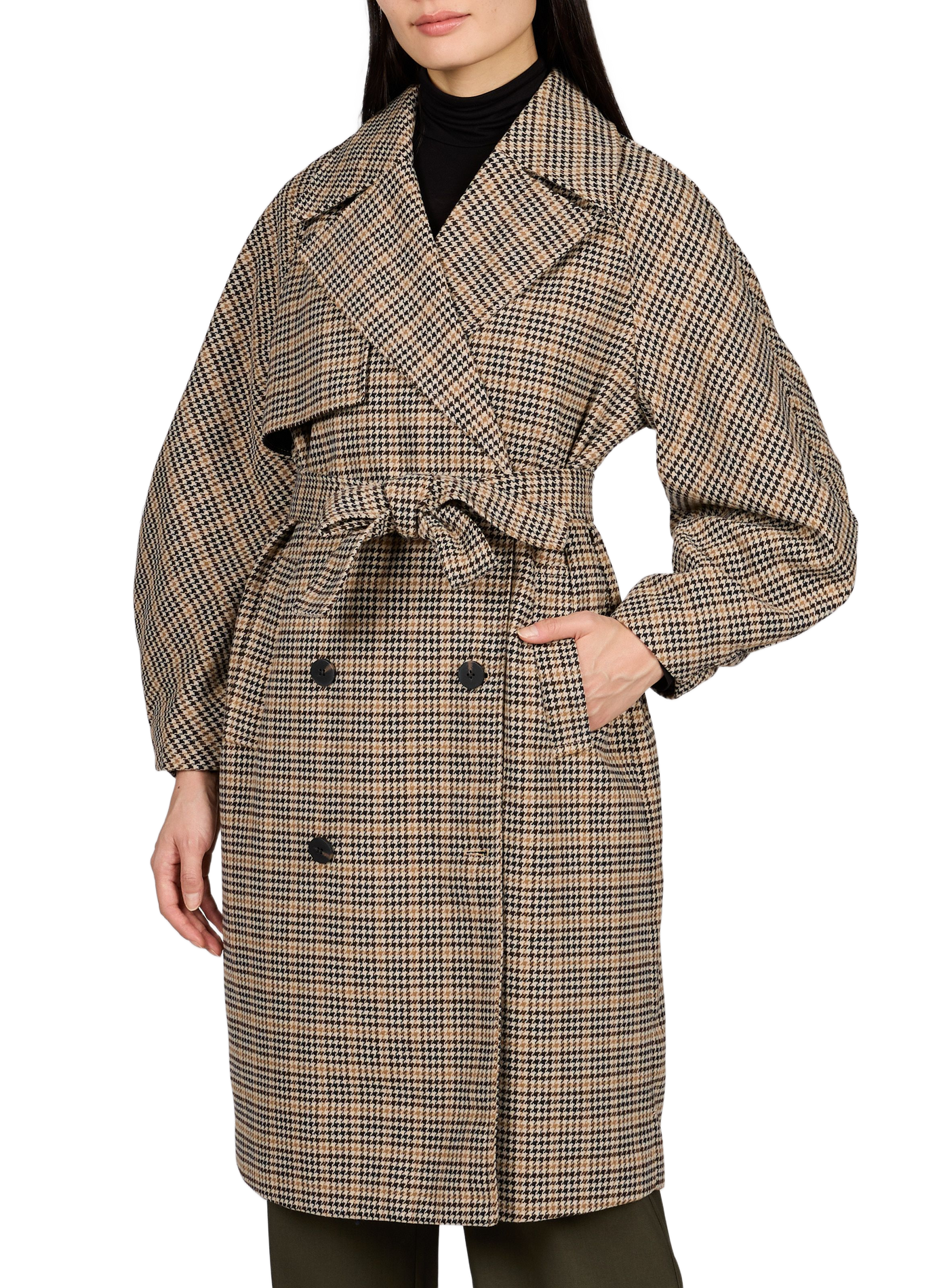 Belted houndstooth coat VILA Brown