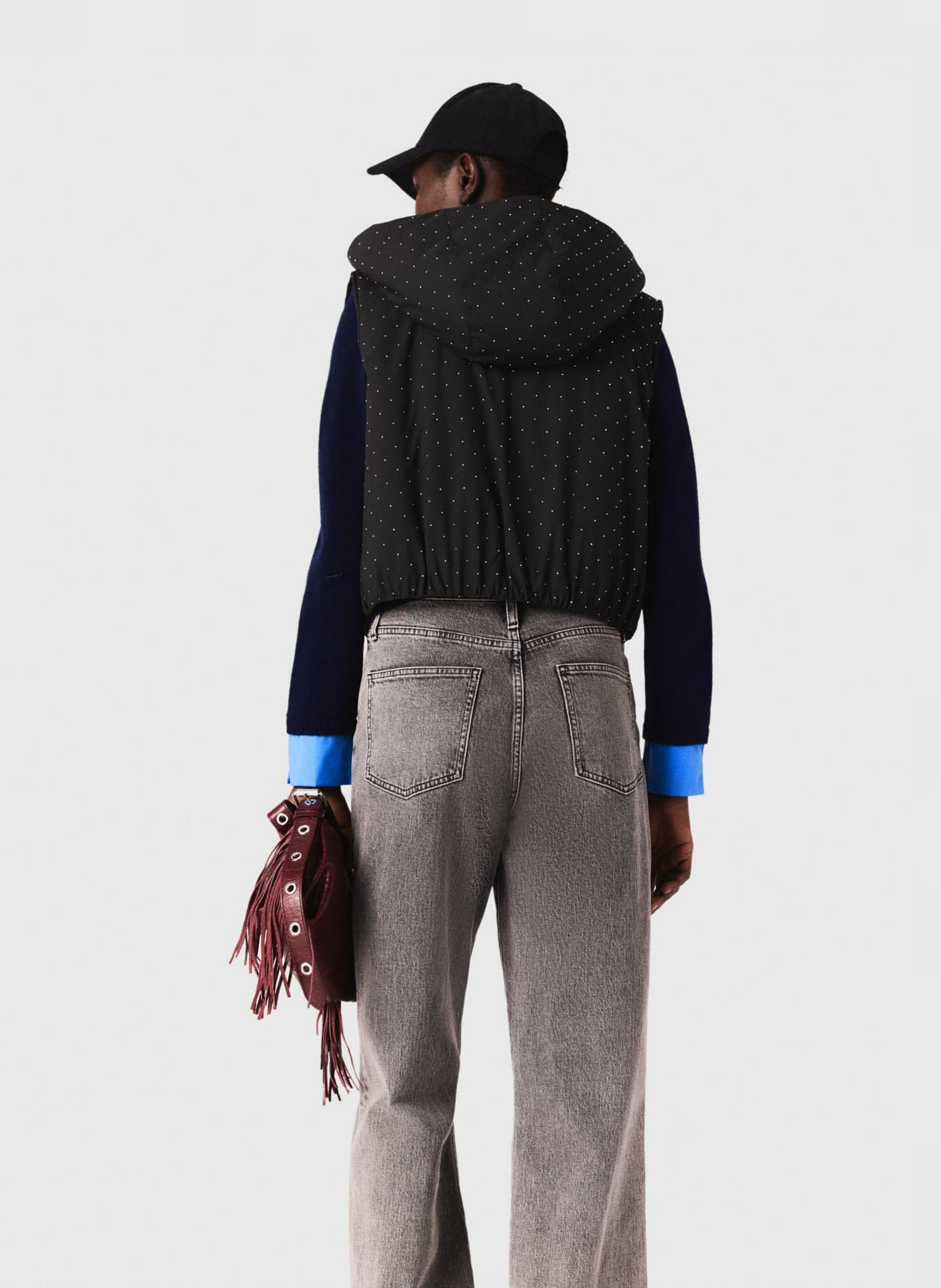 Doudoune droite col rond à strass MAJE Noir