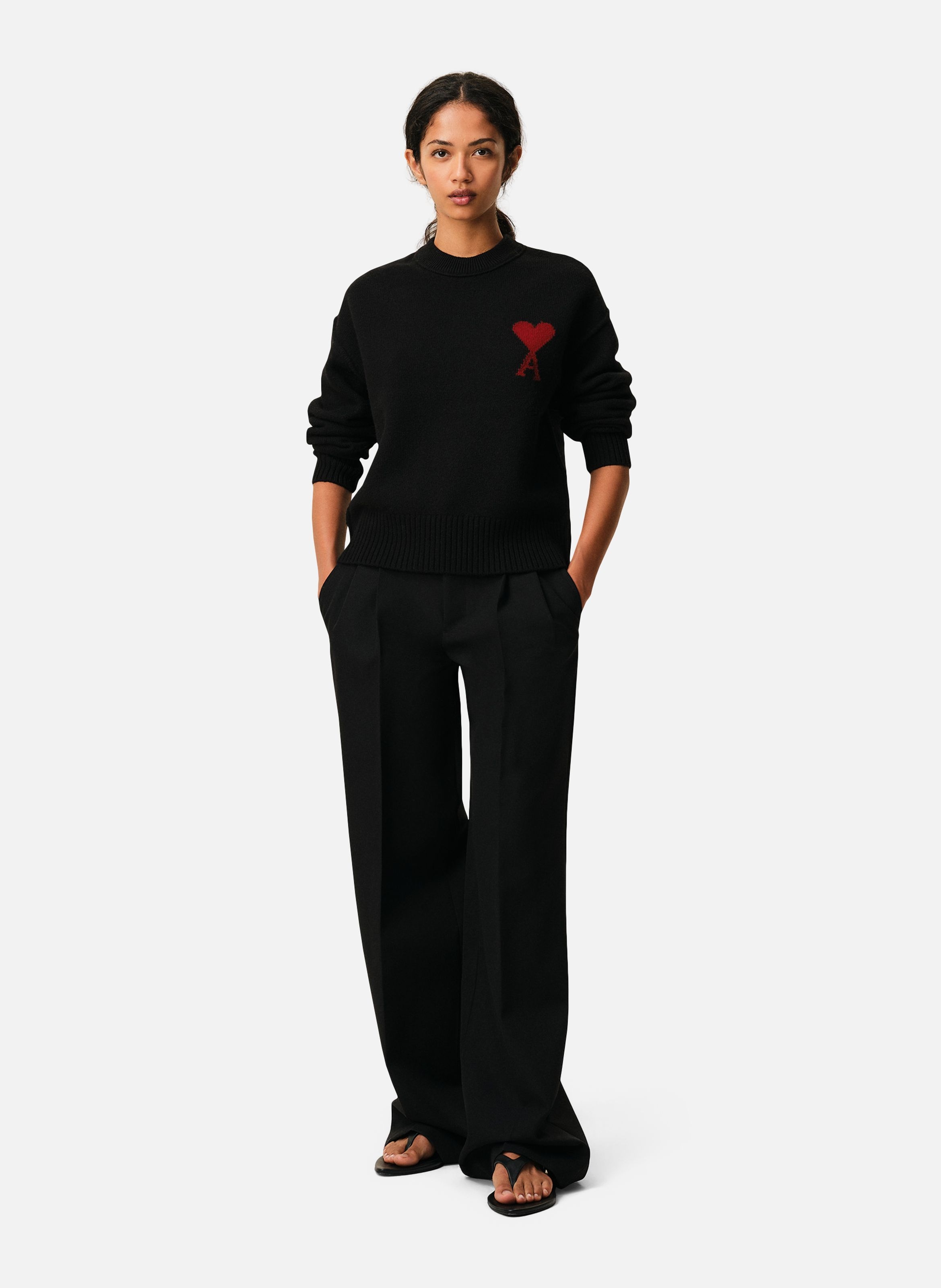 Pull Col Rond Ami De Coeur En Laine unisexe AMI PARIS Noir