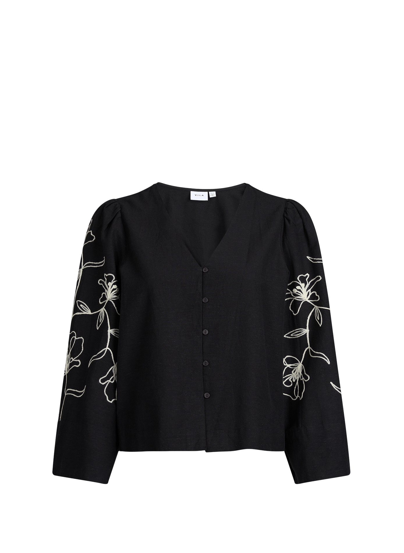 Chemise fleurs brodées sur manches en coton et lin mélangés VILA Noir