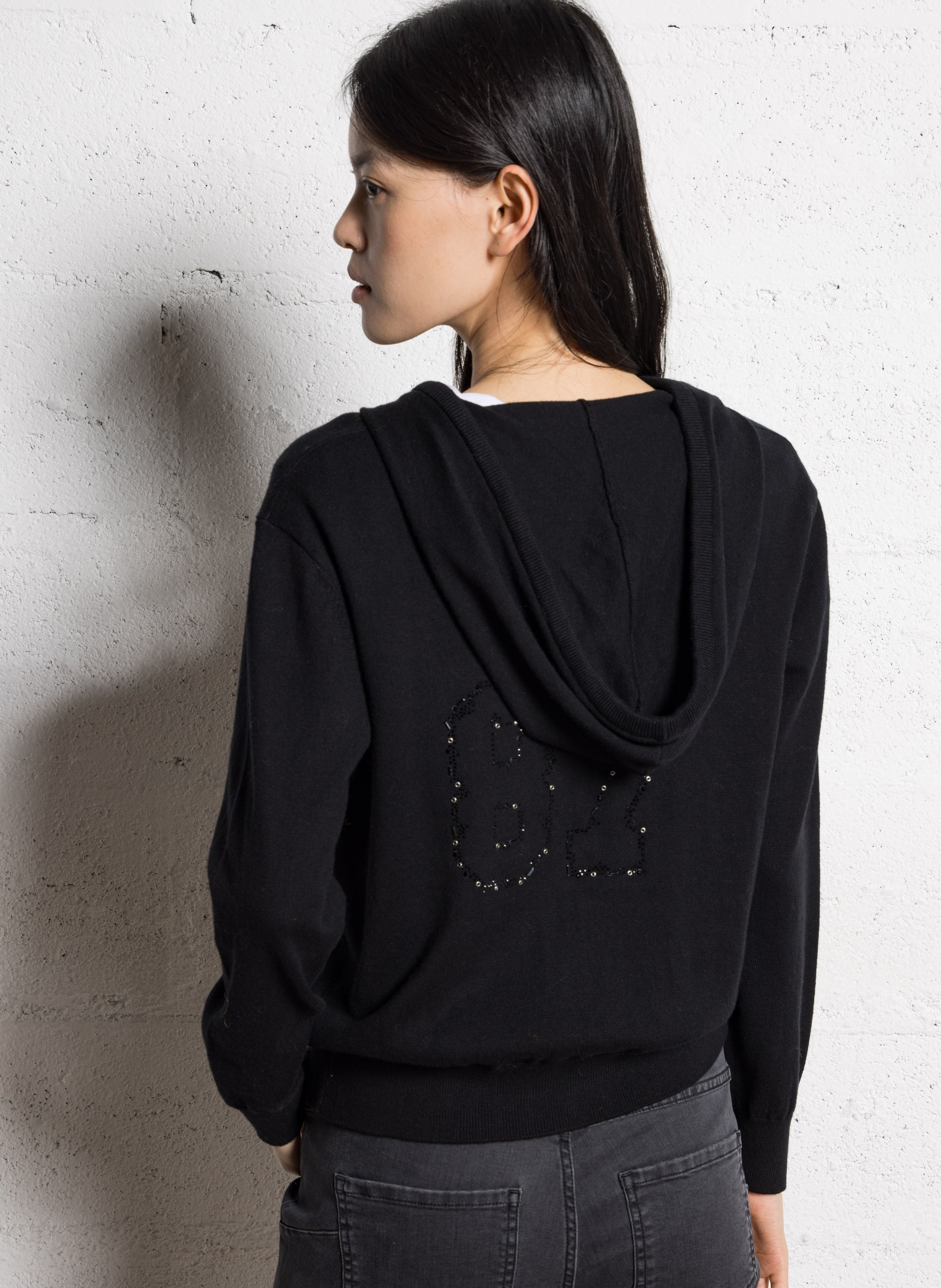 Gilet droit à capuche en coton et cachemire IKKS Noir