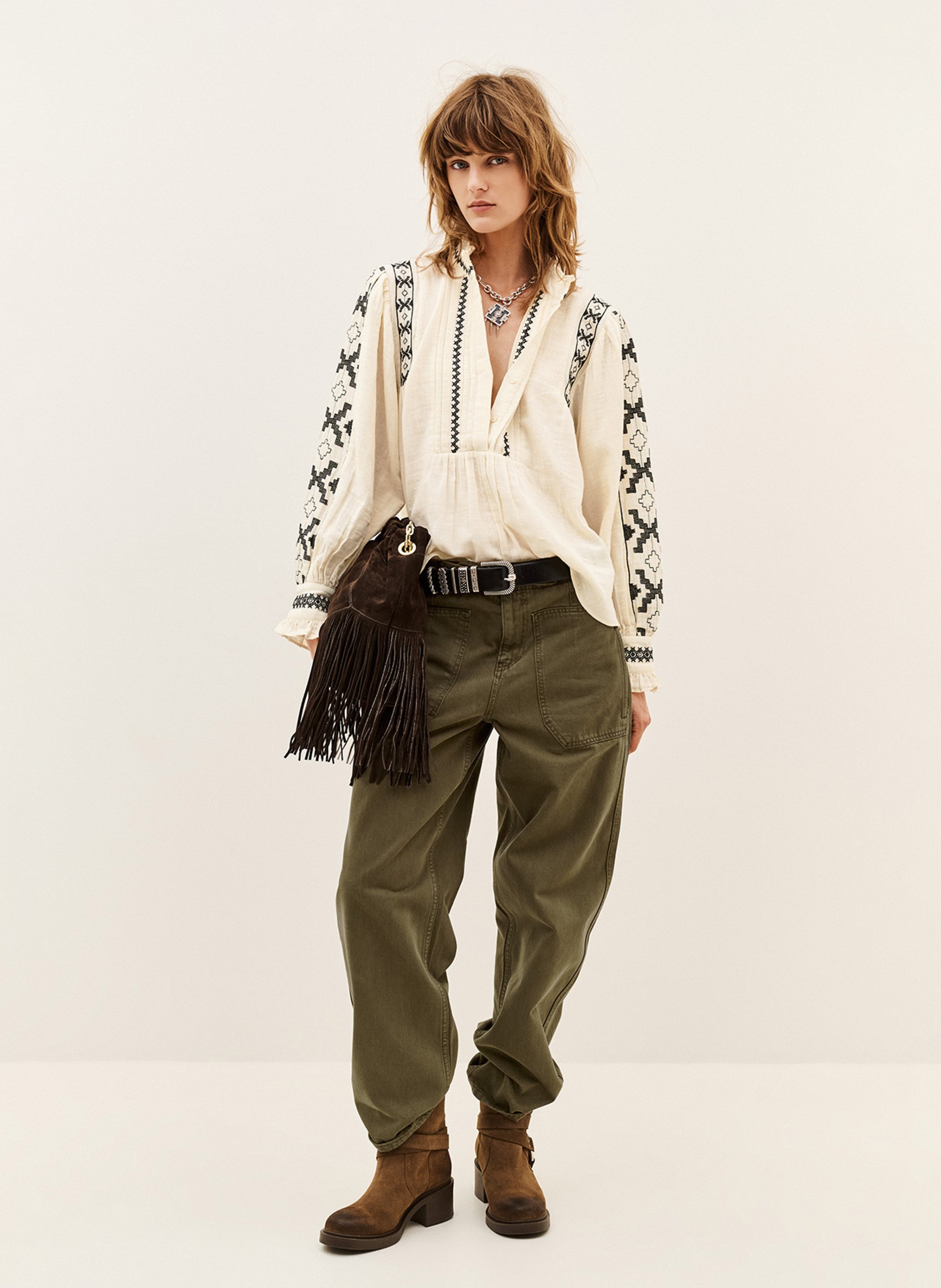 Blouse ample brodée en coton pidma BA&SH Beige