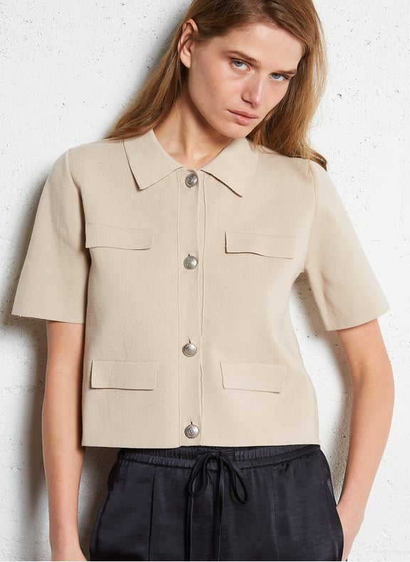Cardigan court boutonné en coton Beige by IKKS IKKS Cardigan court boutonné en coton Beige