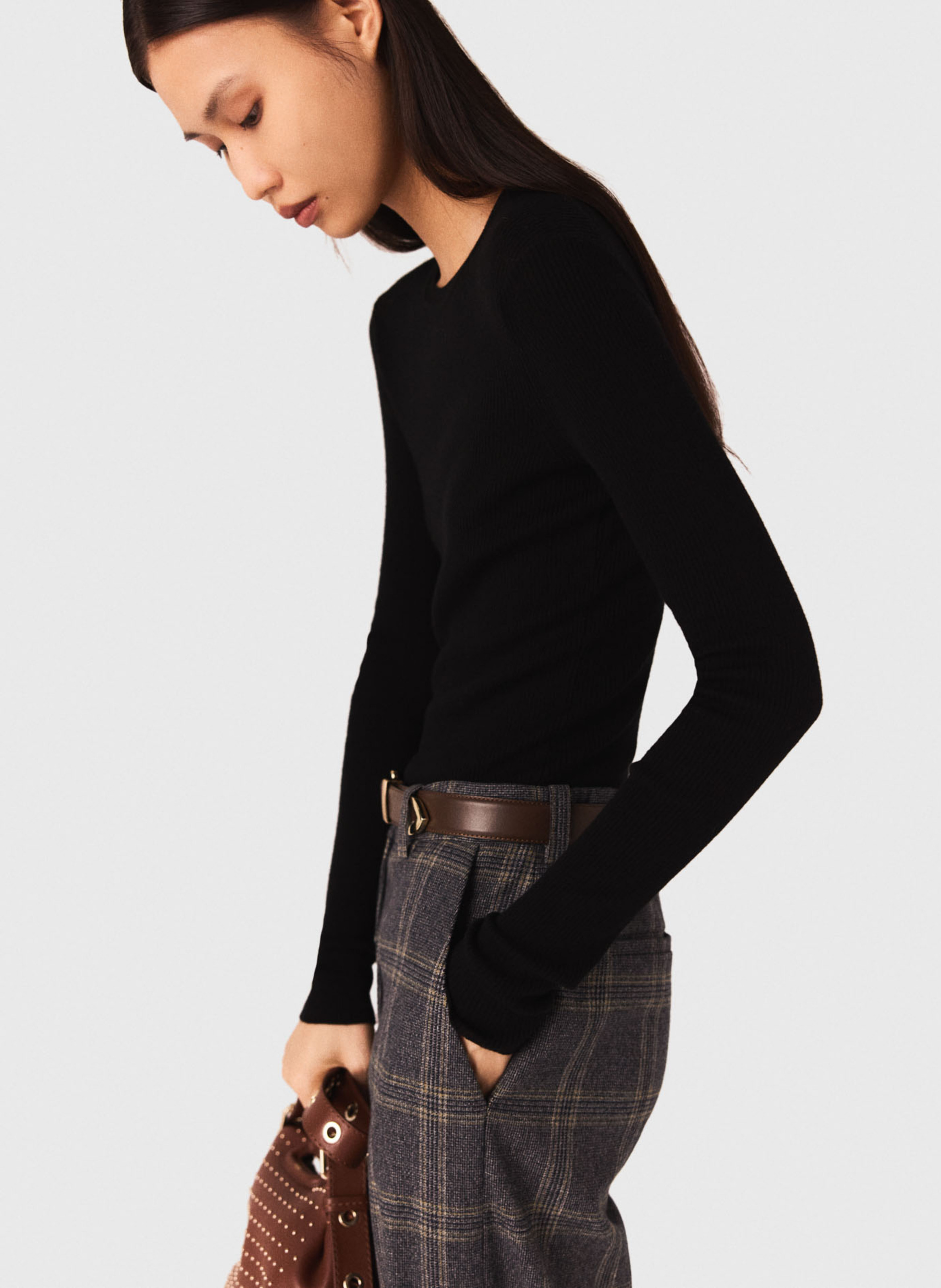 Pull col rond en laine mélangée Noir