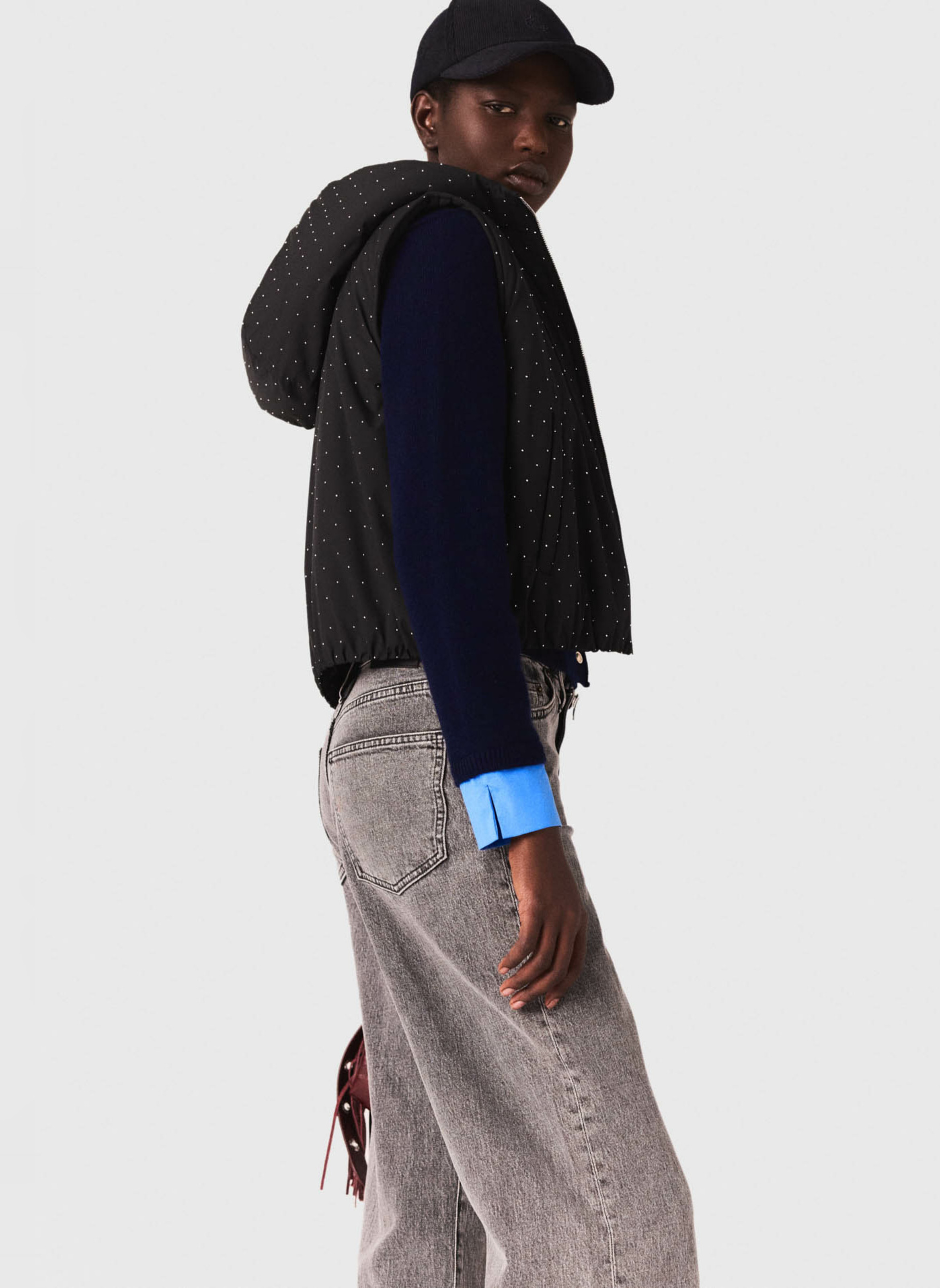 Doudoune droite col rond à strass MAJE Noir