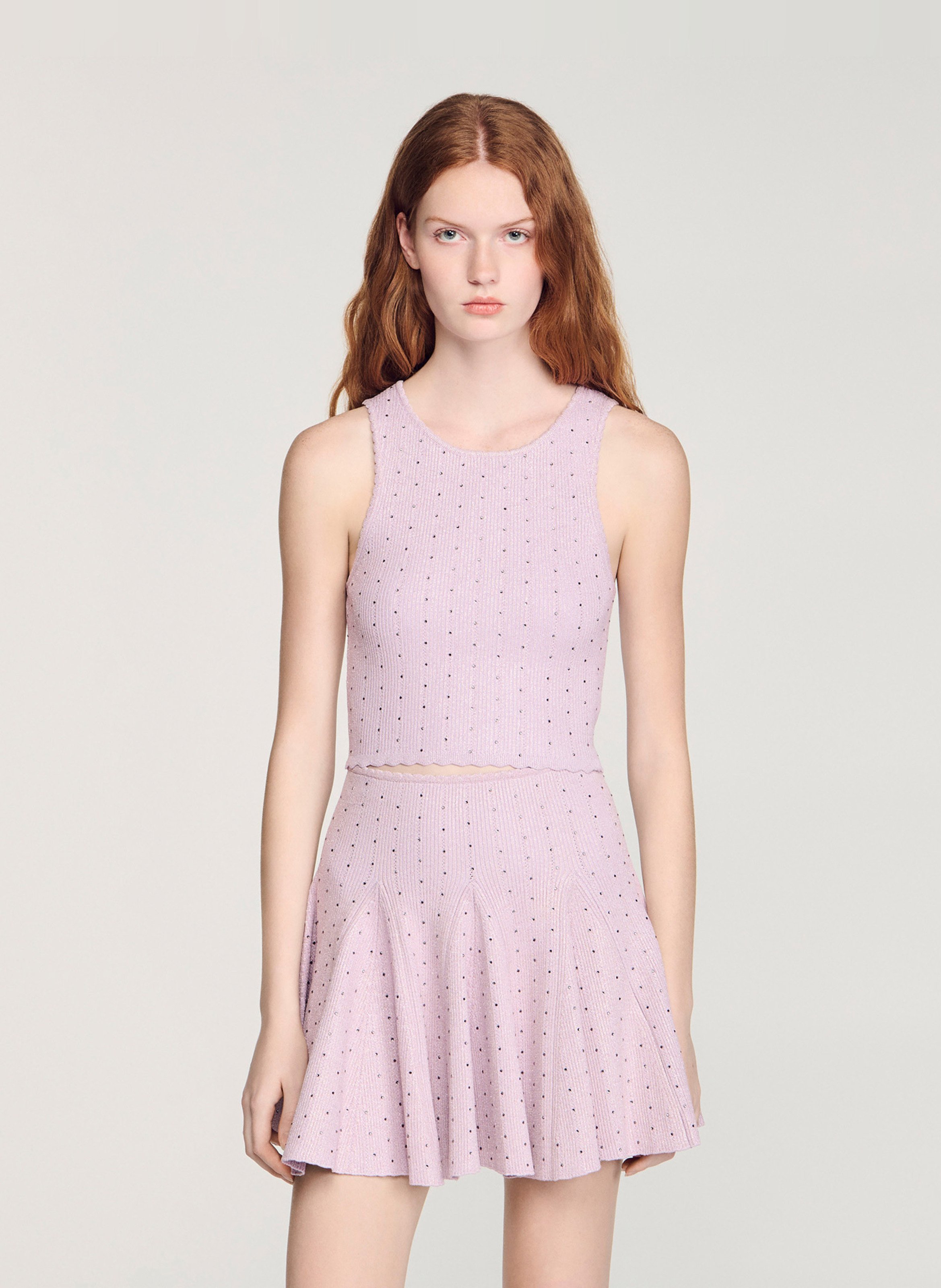 Top ajusté col rond en maille strassée SANDRO Violet