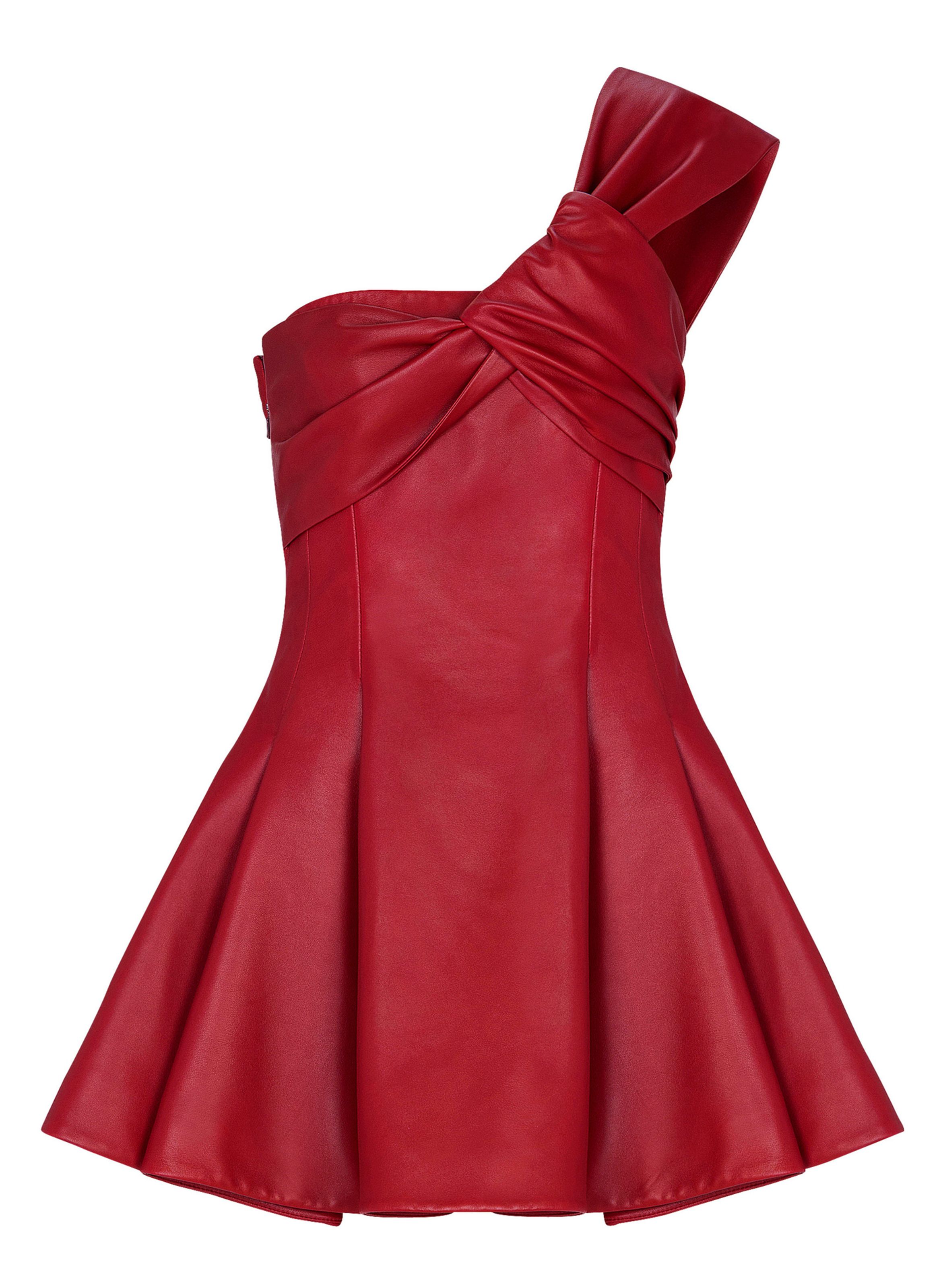 Robe asymétrique en cuir lisse BALMAIN Rouge