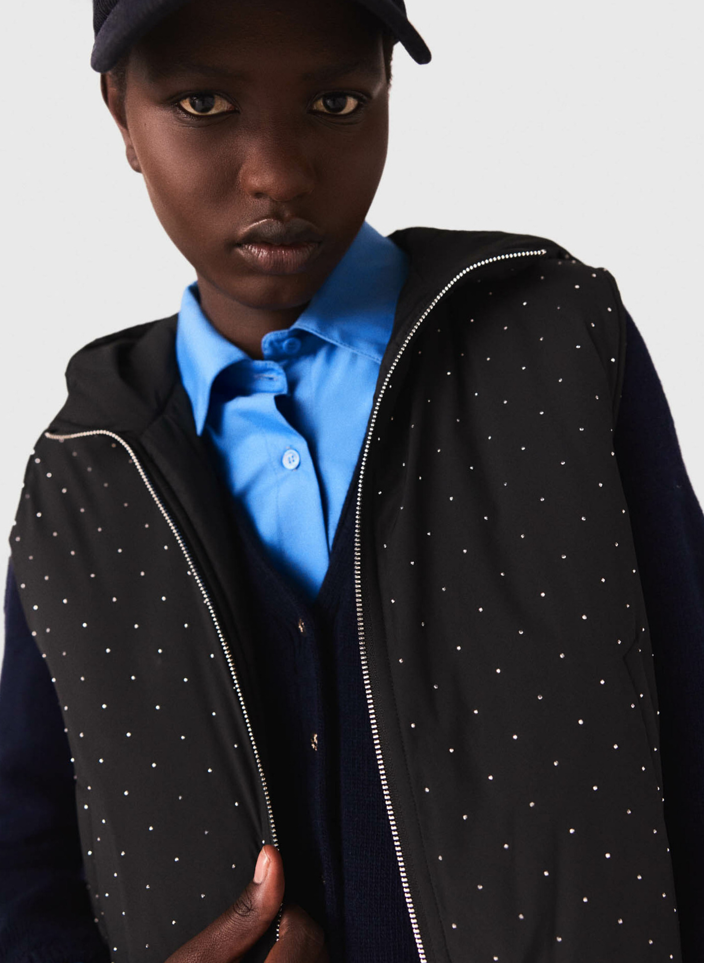 Doudoune droite col rond à strass MAJE Noir