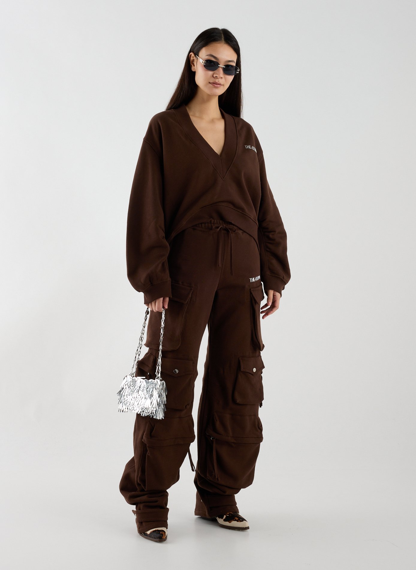 Oversized V-neck cotton sweatshirt THE ATTICO Brown