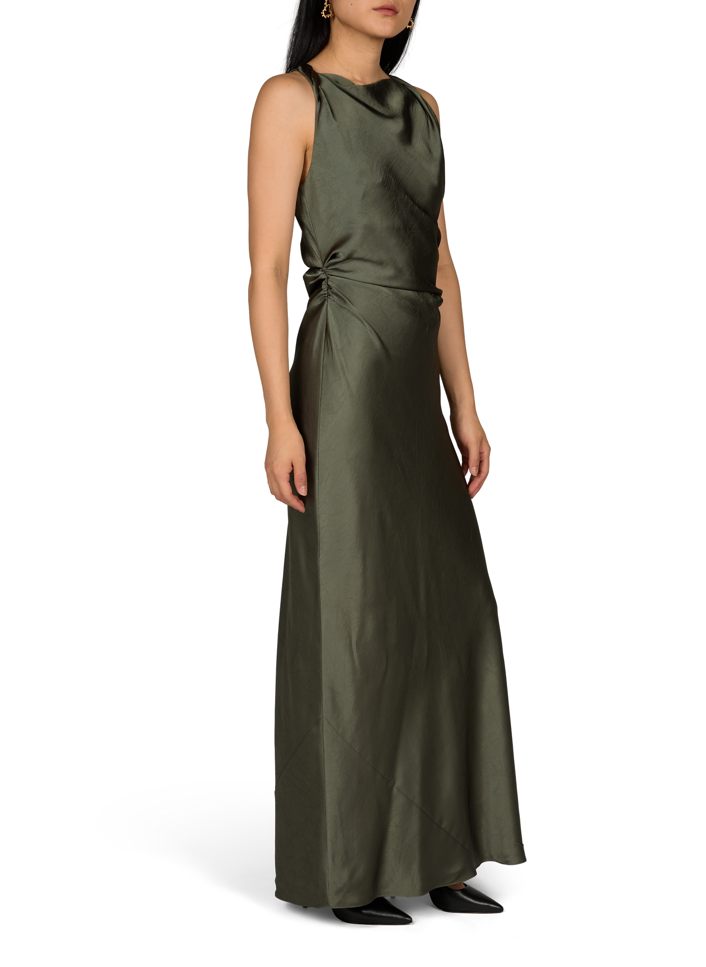 Robe longue satinée à taille froncée et bretelles torsadées VINCE Vert