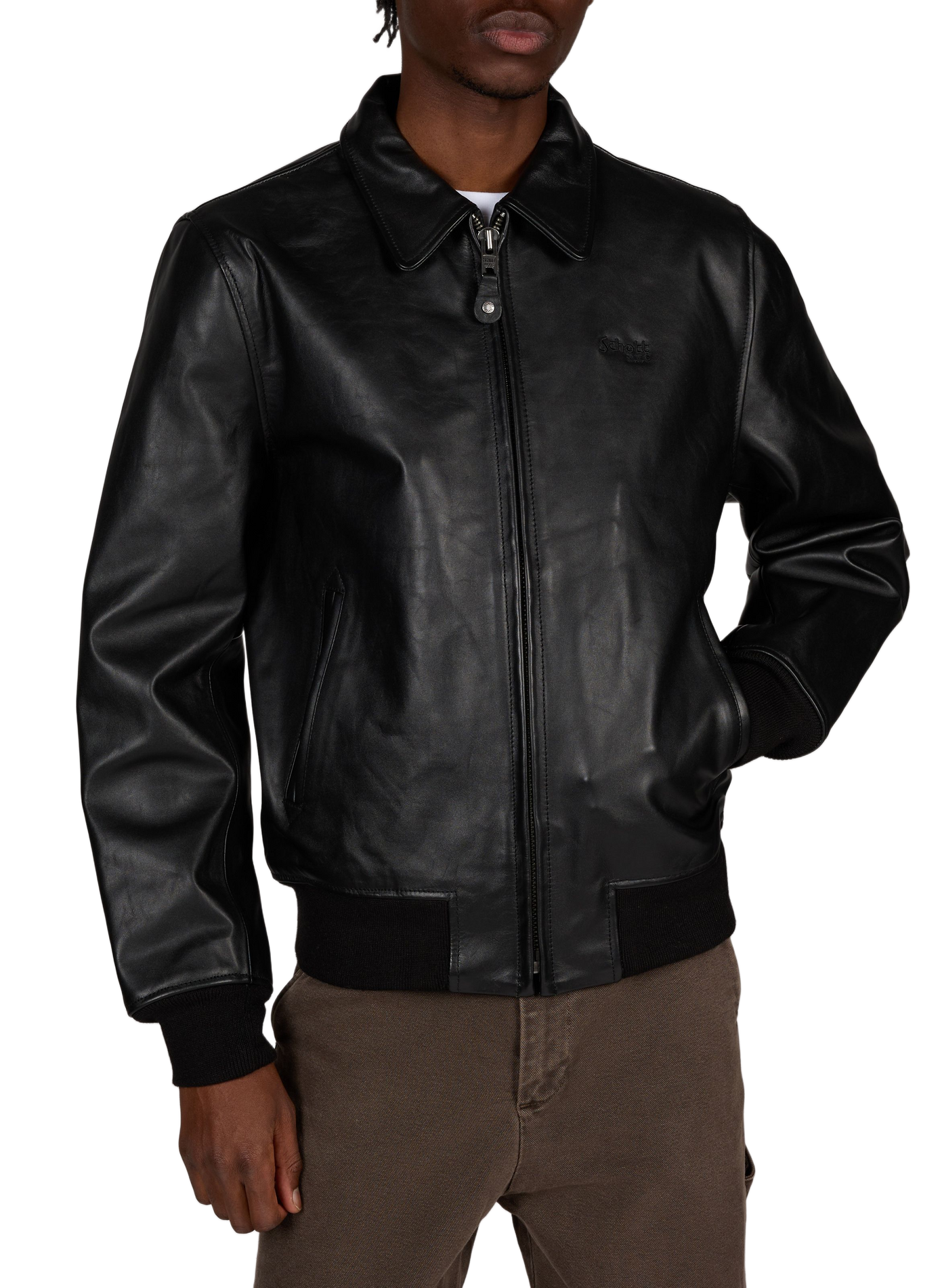 Plain straight-cut leather jacket SCHOTT Black