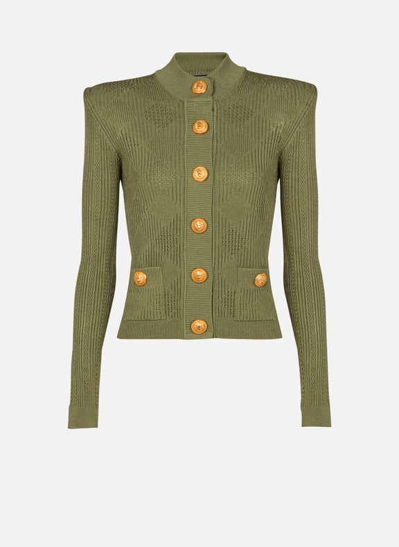Cardigan en maille ajourée vichy Vert by BALMAIN BALMAIN Cardigan en maille ajourée vichy Vert