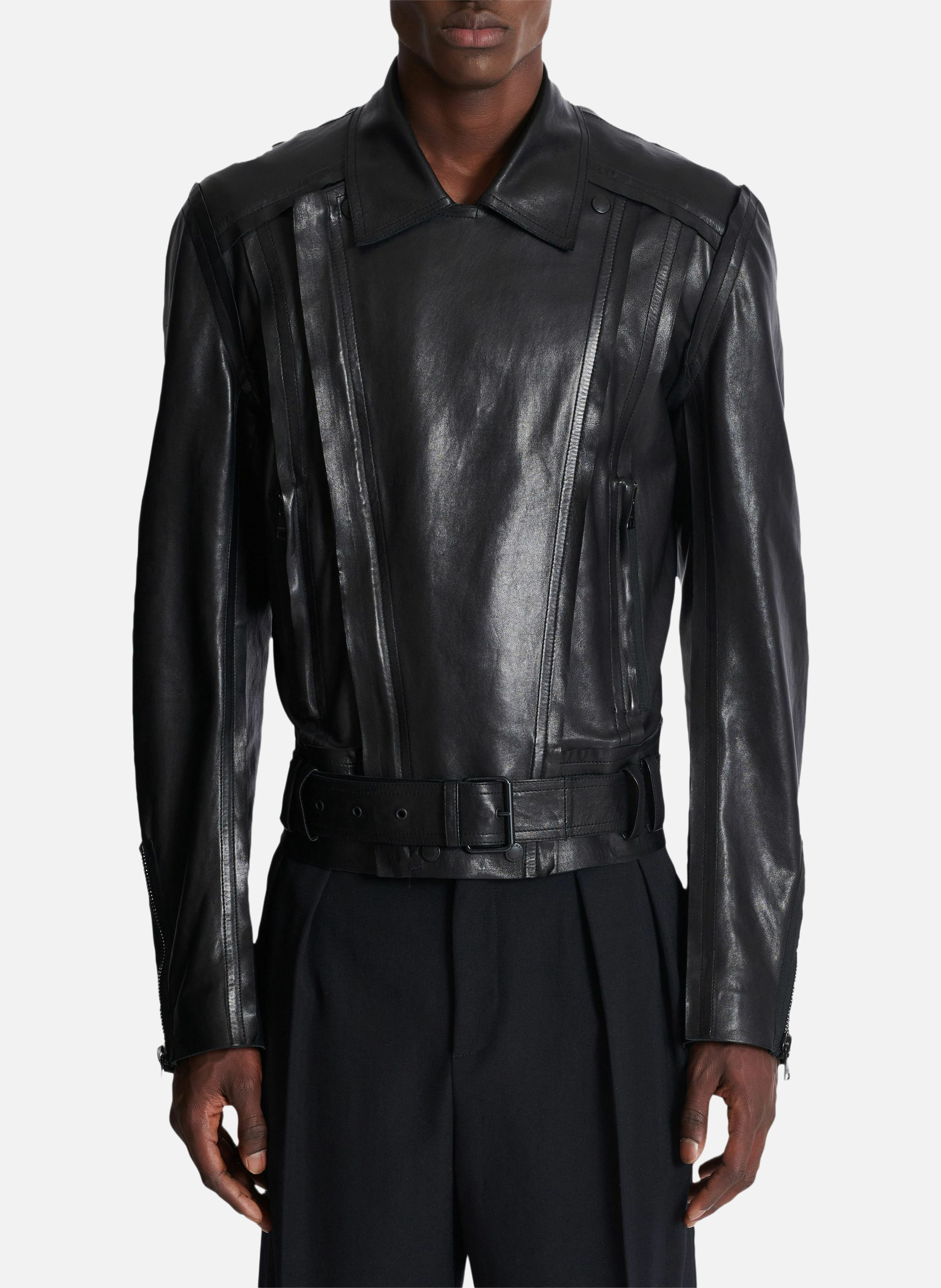 Veste biker légère en cuir d'agneau Noir